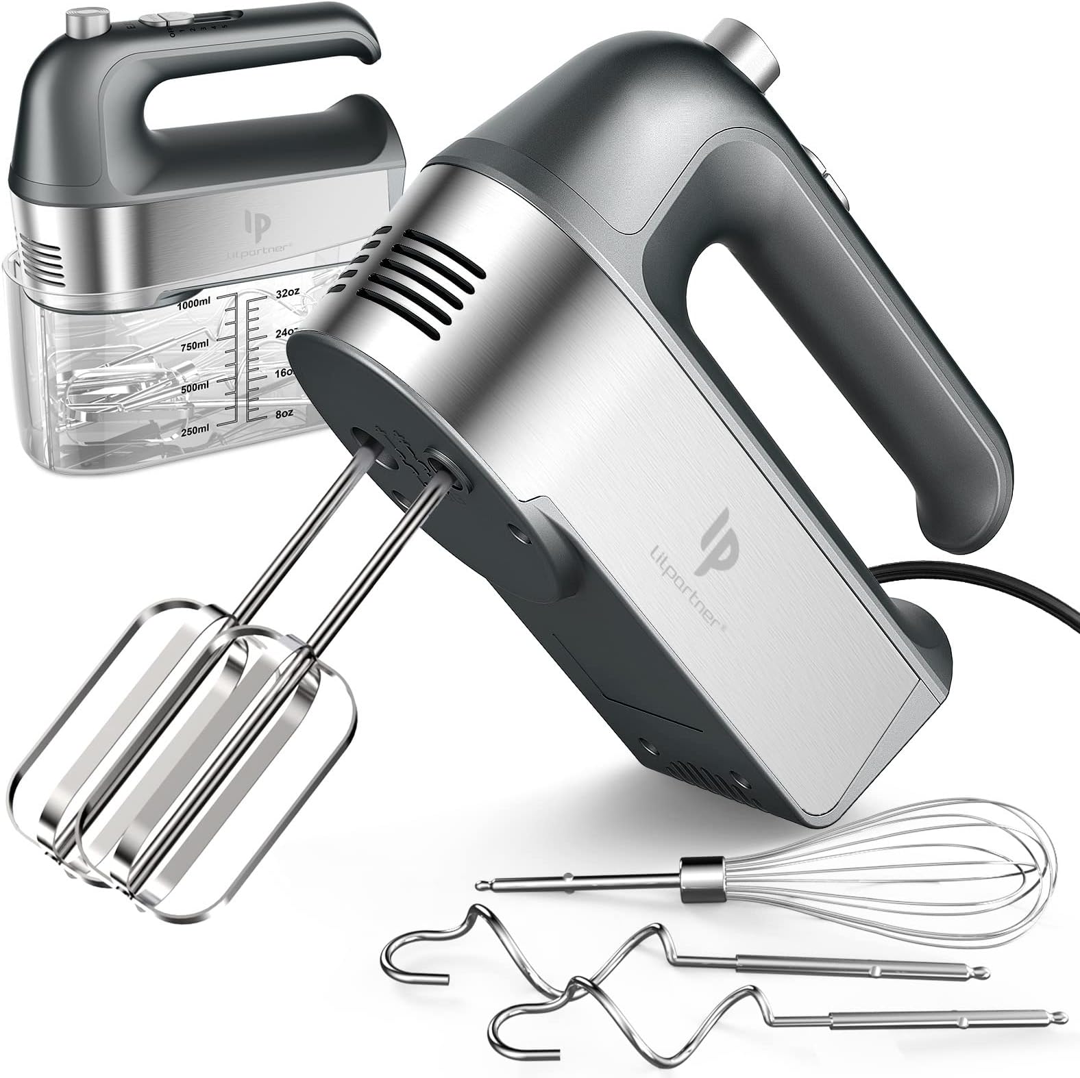 Hand Mixer Electric, 450W Kitchen Mixers with Scale Cup Storage Case, Turbo Boost/Self-Control Speed + 5 Speed + Eject Button + 5 Stainless Steel Accessories, For Easy Whipping Dough,Cream, Cake