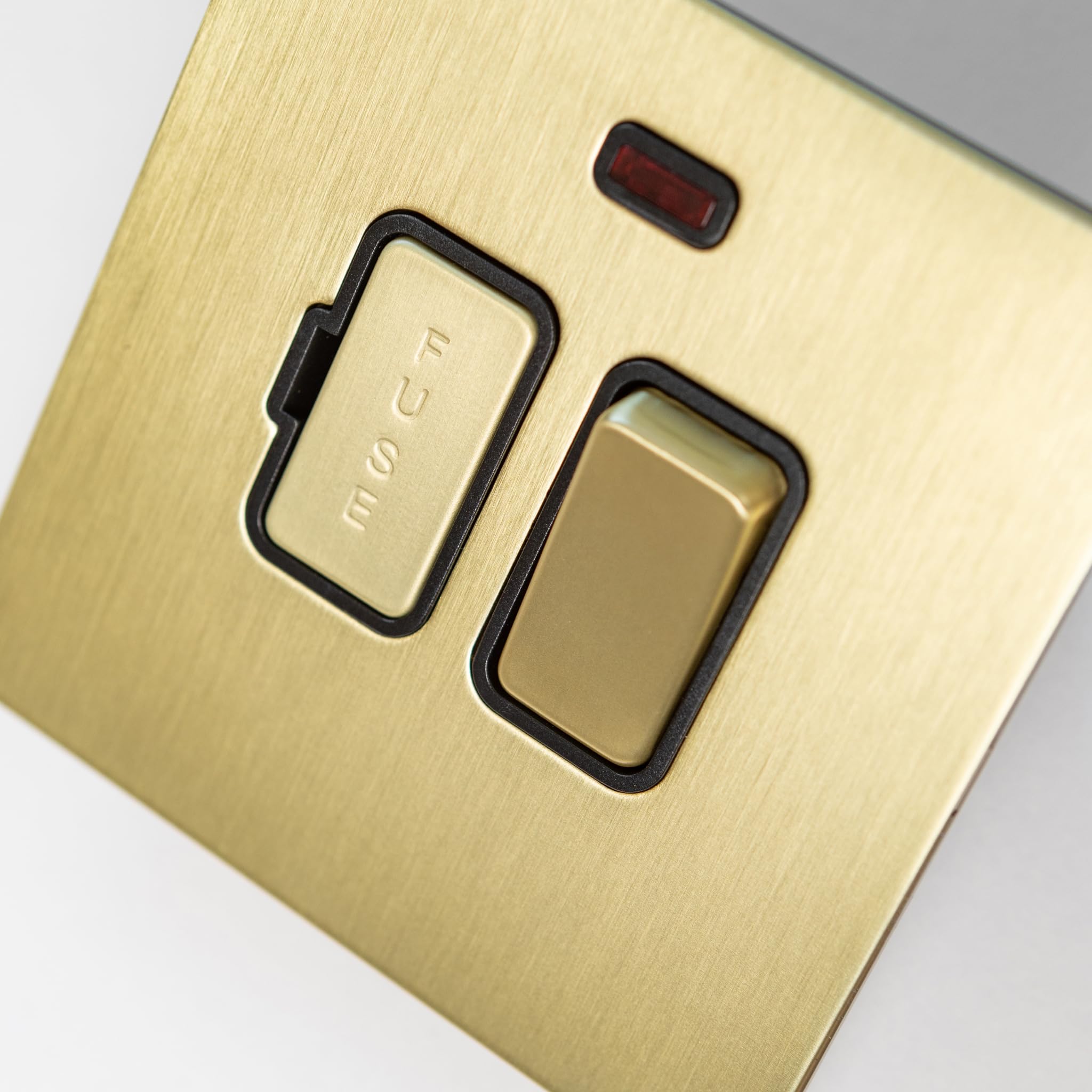 Satin Brass Straight Knurled Switches and Sockets | Screwless Front Plate (Fused Spur)