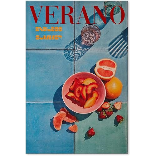 ZDRCLGY Retro 70s Blue Posters Summer Travel Food Fruit Wall Art Orange Strawberry Canvas Prints Preppy Room Wall Decor for Kitchen Bedroom 16x24inch Unframed