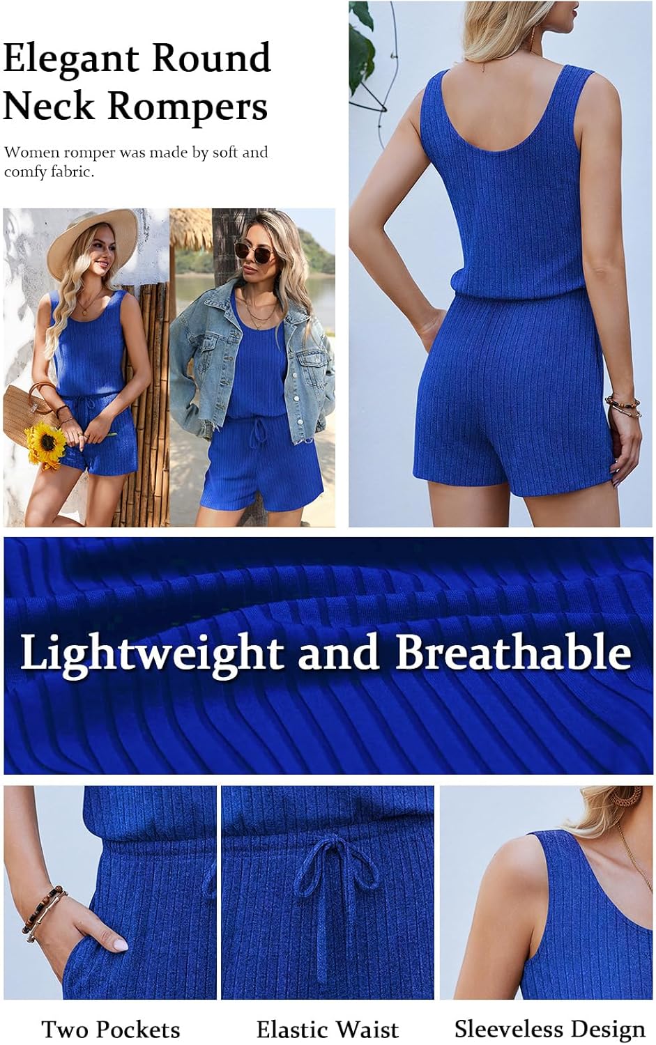 Ekouaer Rompers for Women Summer 2026 Casual Sleeveless Scoop Neck Tank Top Ribbed Short Jumpsuits Romper with Pockets - Image 5