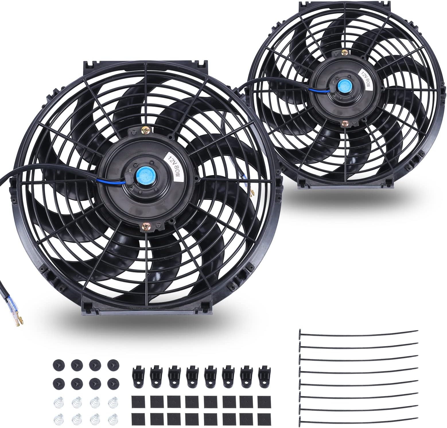 12 Inch Universal Slim Fan Push Pull Electric Radiator 12V 80W High Performance Cooling Fan Mount Kit Black 2 Pcs