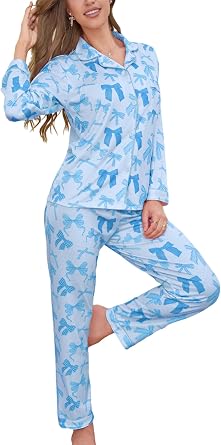 Pajamas for Women Set 2 Piece lounge sets Long Sleeve Button Down Loungewear Bow Print Sleepwear Soft Pj,Chest PocketS-XL