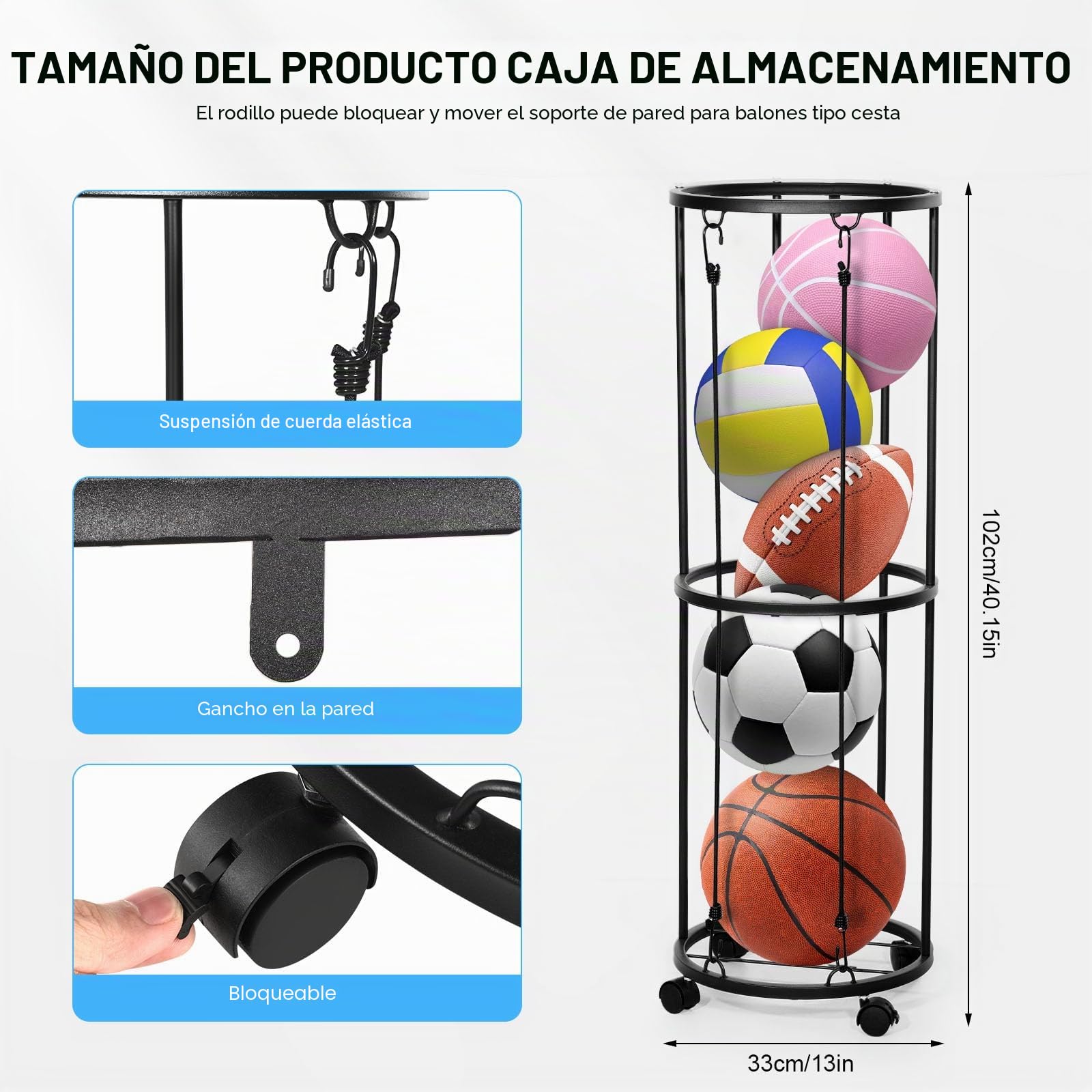 Soporte de Pared para Pelotas de Fútbol, Organizador de Garaje para Equipos Deportivos, Soporte Desmontable con Ruedas y Almacenamiento de Bolas