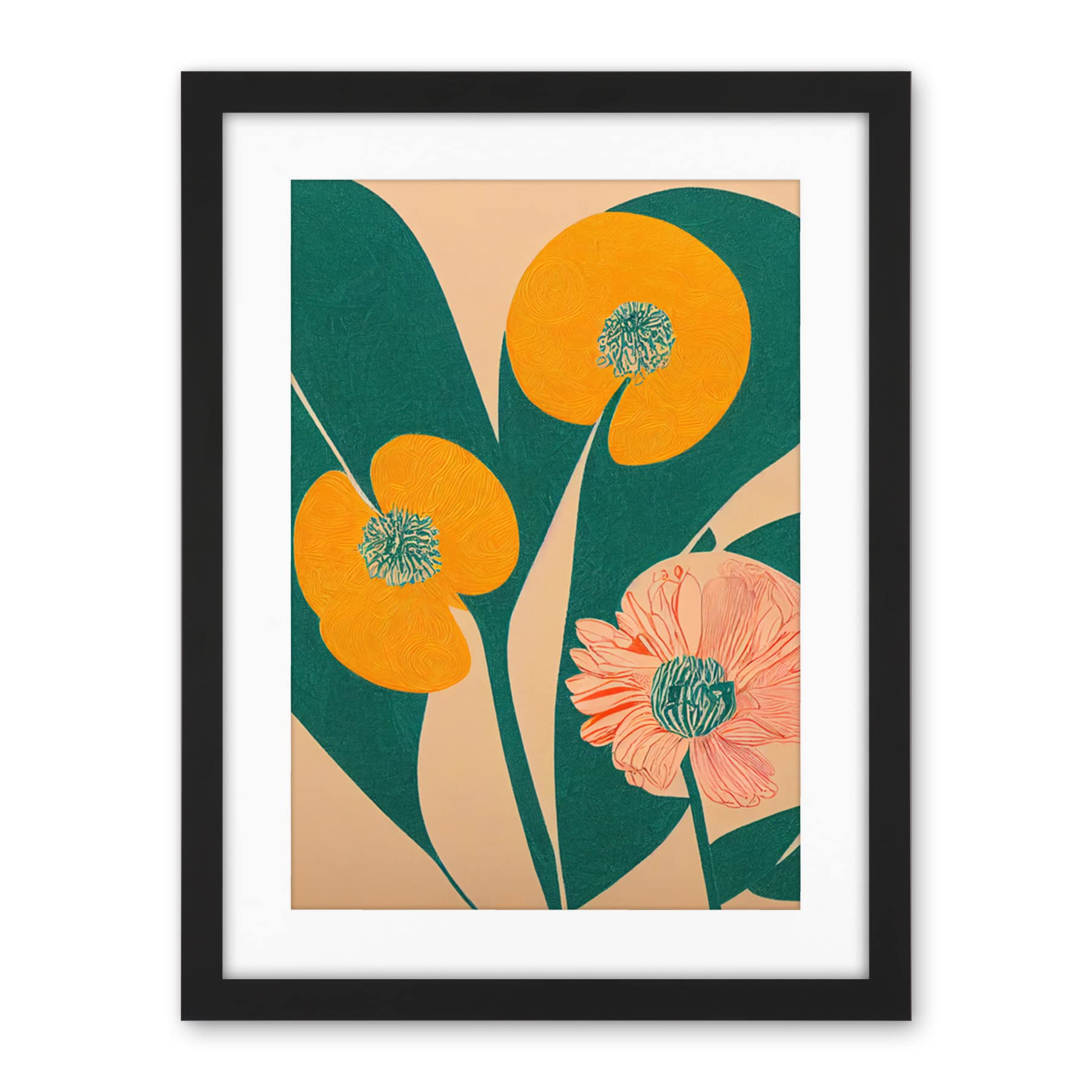 Wee Blue Coo California Poppy Flower Blooms Turquoise Leaves Bright Artwork Framed Wall Art Print 18X24 Inch