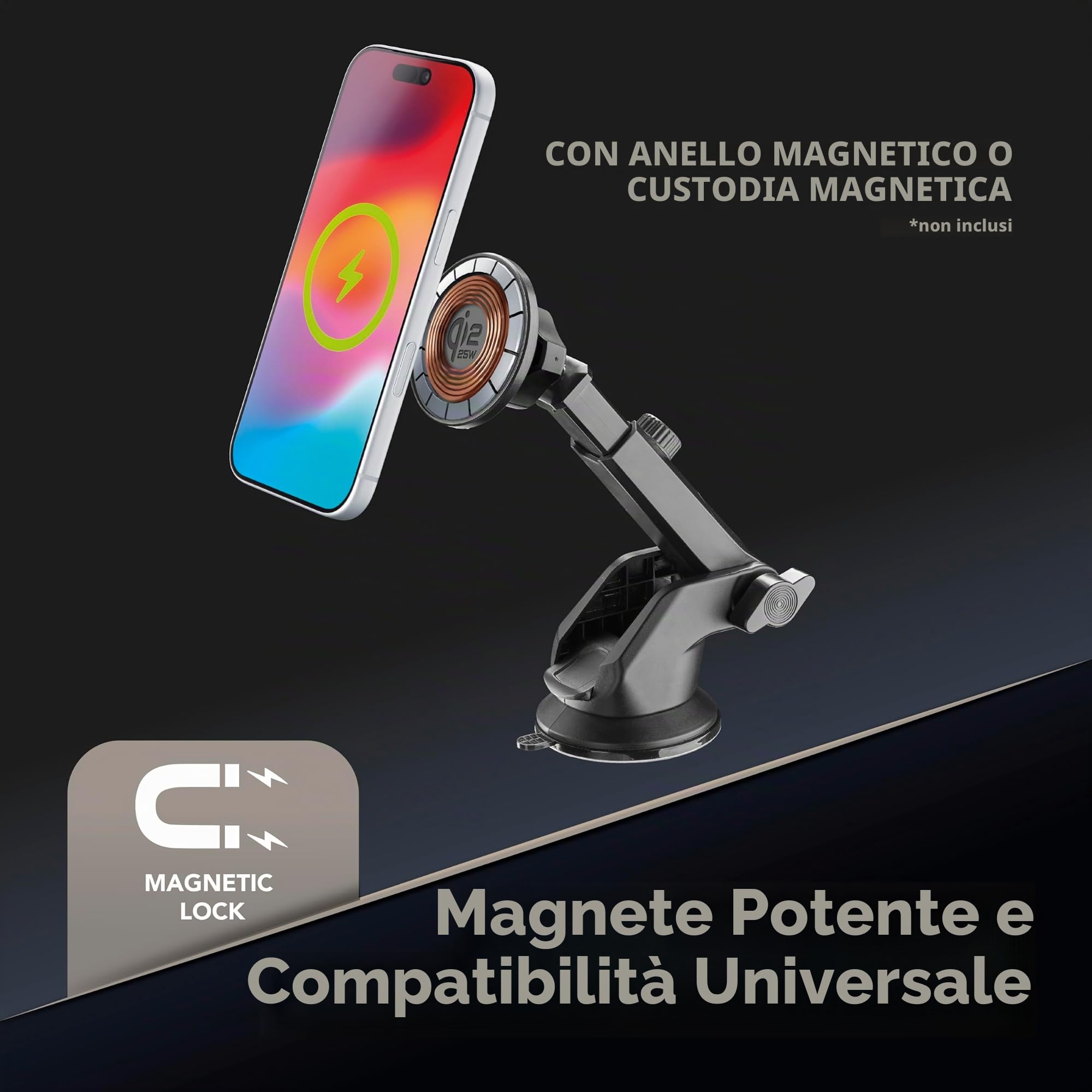 Cellularline MAG HOLDER Supporto Auto Ricarica Wireless 25W - con Nuova Tecnologia Qi2.2 - Fissaggio Magnetico potente - Compatibile con Smartphone Wireless - Nero