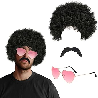 FUIPVGI Funky Afro Wig,3 Pcs 70s Retro Hippie Dressing Accessories, Hippie Glasses Mustaches Funky Afro Wig,60s 70s Accessories for Men Hippie Costume Mens Wig
