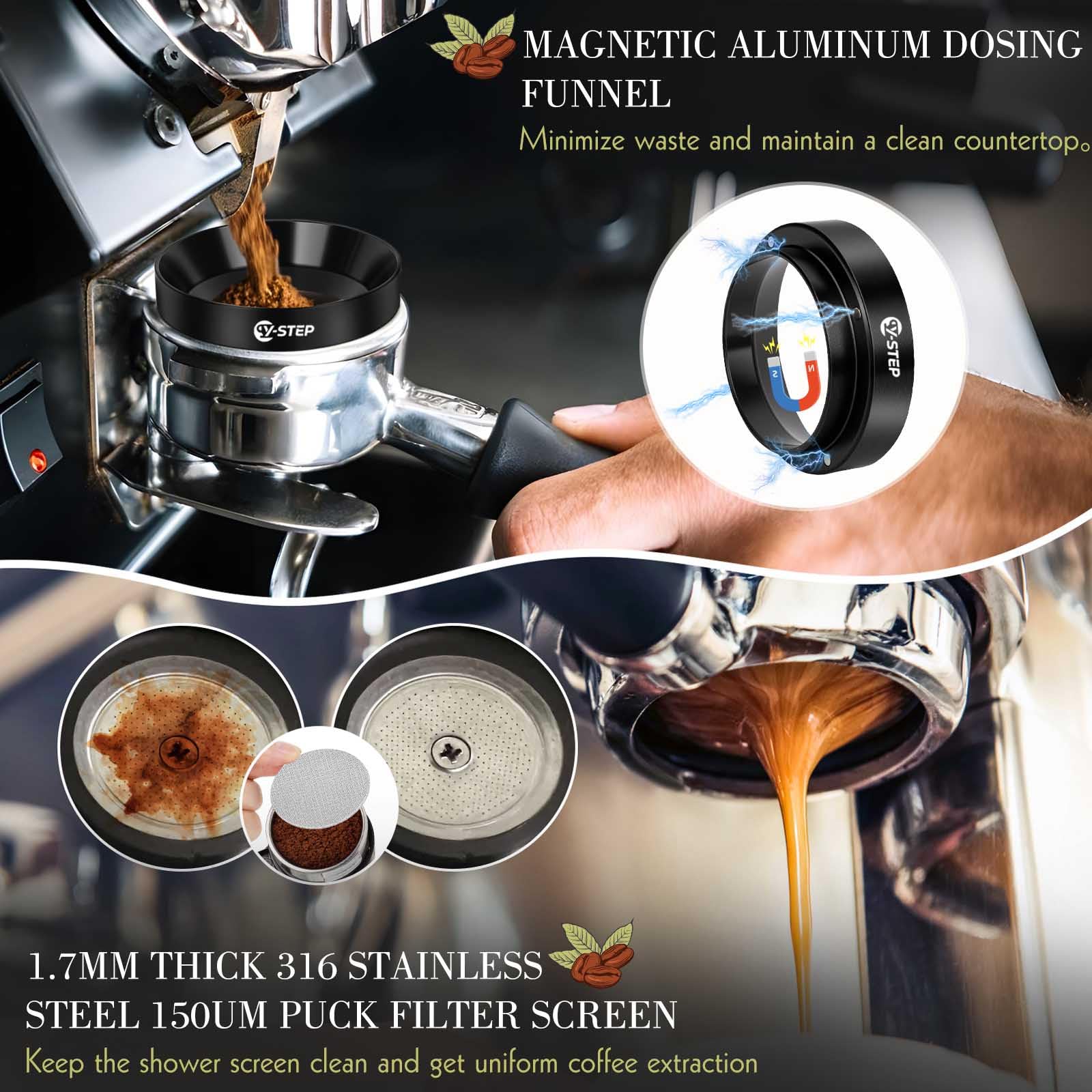 Y-Step Espresso Zubehör 8er Set, Kaffee Tamper 51mm mit Tamperstation, Coffee Leveler, WDT Tool, Dosierring, Reinigungsbürste, Puck Screen, Rührer, für Espressomaschine