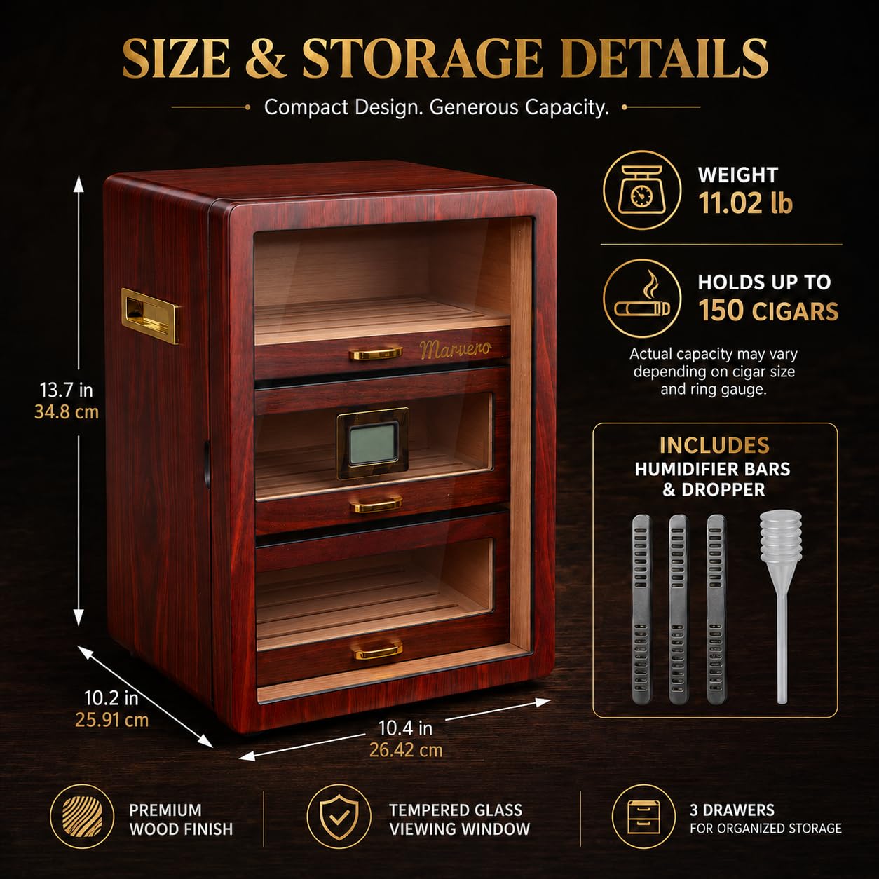 Humidor per sigari artigianali, sigari Humidor per sigari in legno di cedro per 150 sigari con igrometro digitale, 3 cassetti grandi, 3 umidificatore sigari