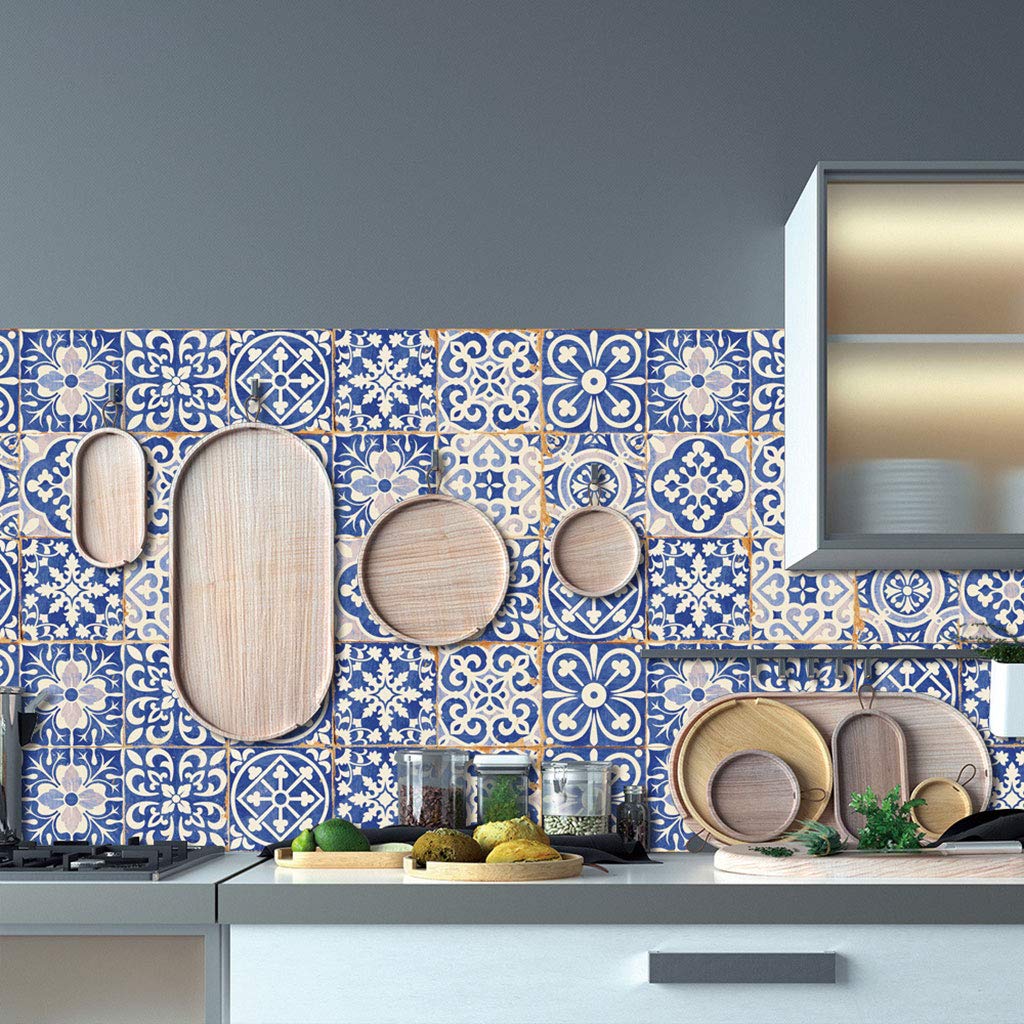 24 pz Blu e Bianco Piastrelle di Porcellana Adesivo Peel Stick Pavimento Stickers Murali Backsplash Impermeabile Fai da Te Autoadesivo Cucina Bagno Decorazione 20x20 cm