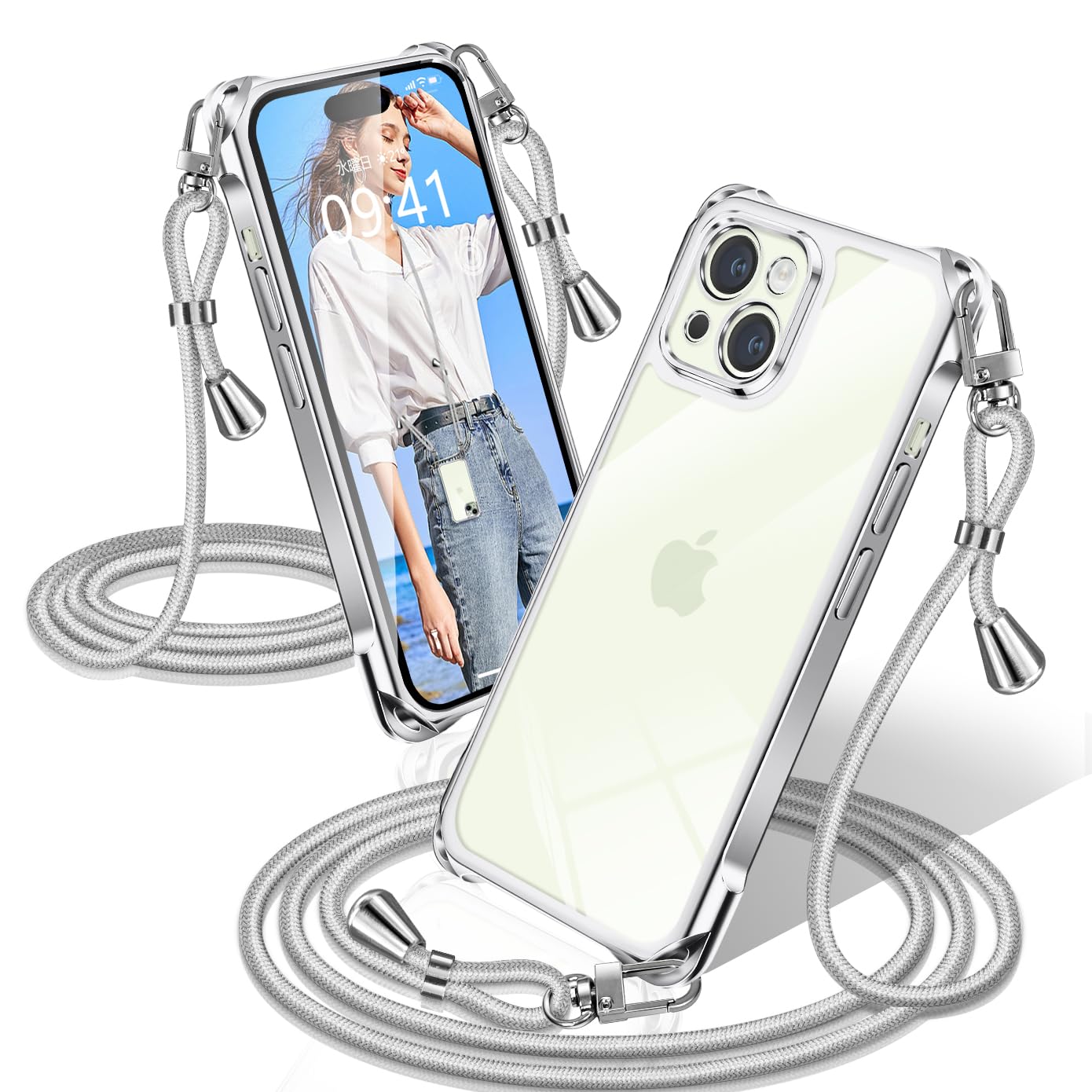 XIOYATY 用の iPhone 15 Plus ケース クリア ショルダー 耐衝撃 アイフォン15 Plus カバー 透明 クロスボディショルダー 電気メッキ加工 ファッション設計 長さ調整 TPUスマホ ポータブル 落下を防ぐ 四隅の保護 (シルバー)