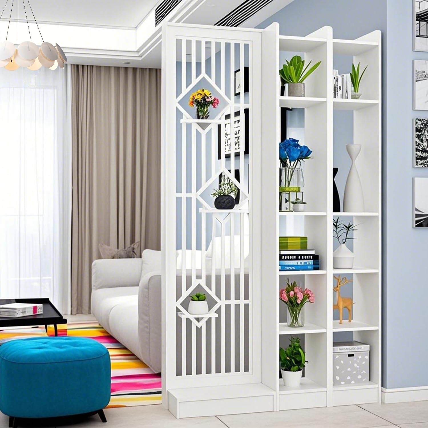 MESCXTY Modern Wall Room Divider, Wood Divider Screen, Storage Cabinet with Shelves，Wall Privacy Screens for Home Office Decorative (White,43.3''L*11.8''W*74.8''H)