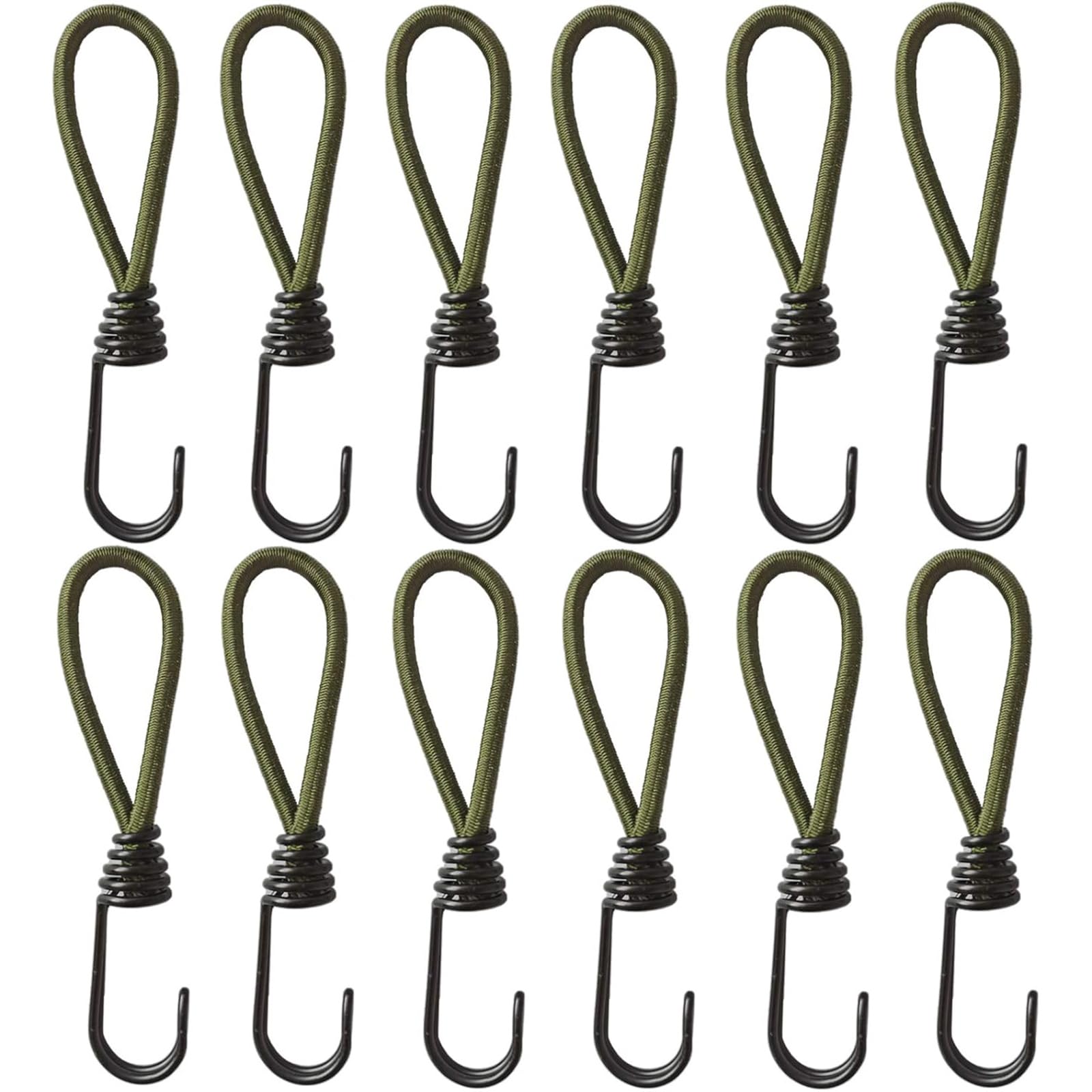 12 Pack Bungee Cords Heavy Duty Outdoor,Mini Bungee Cords with Hooks in 6Inch Length,Army Green Durable Rubber Canopy Tents Camping Accessorie