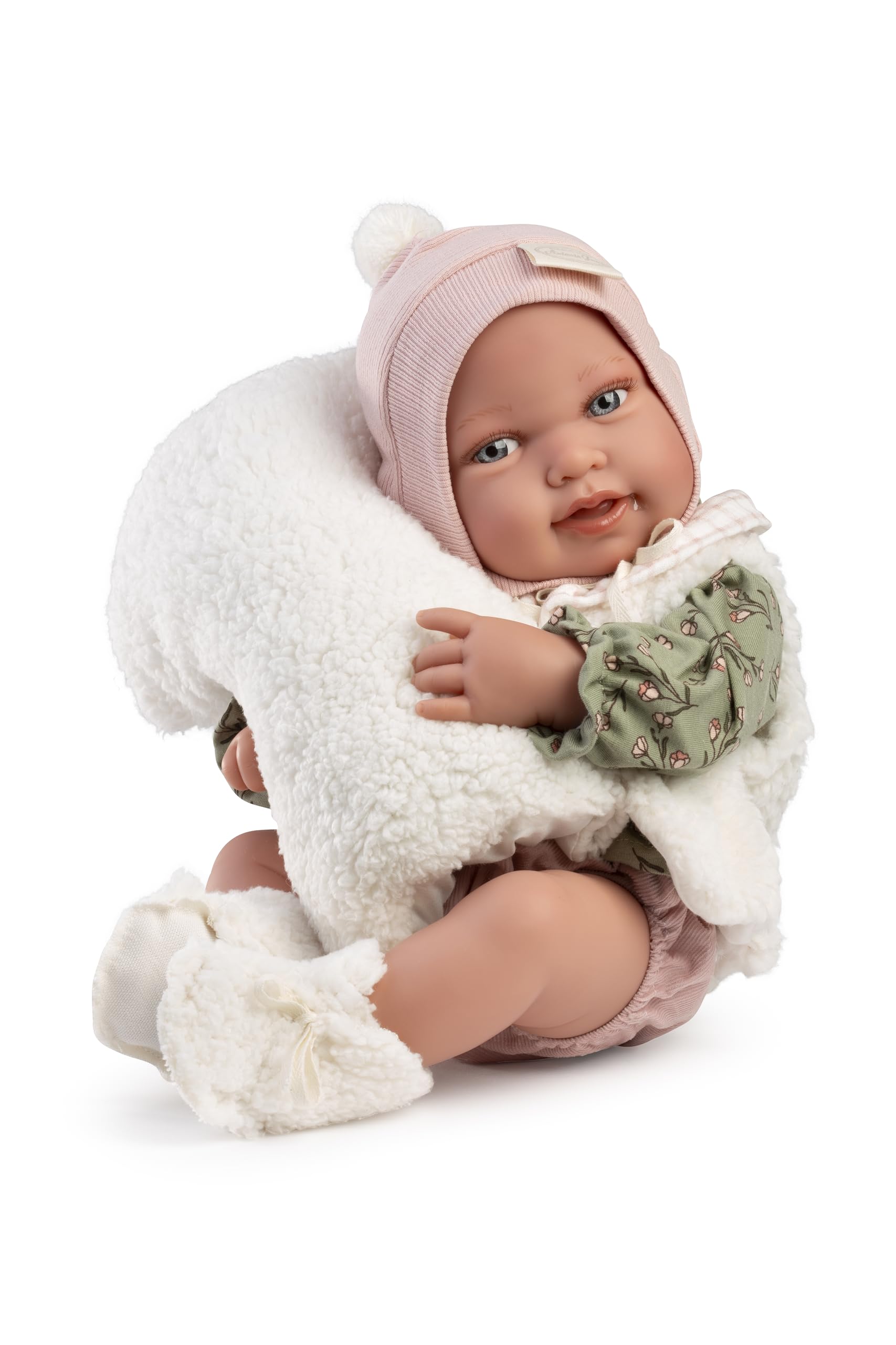 Muñecas Antonio Juan - Recién Nacida Pipa con Chaleco Borreguito, Muñeca Bebé Realista con Gorro Pompón y Accesorios, Juguete de Cuidado y Ternura