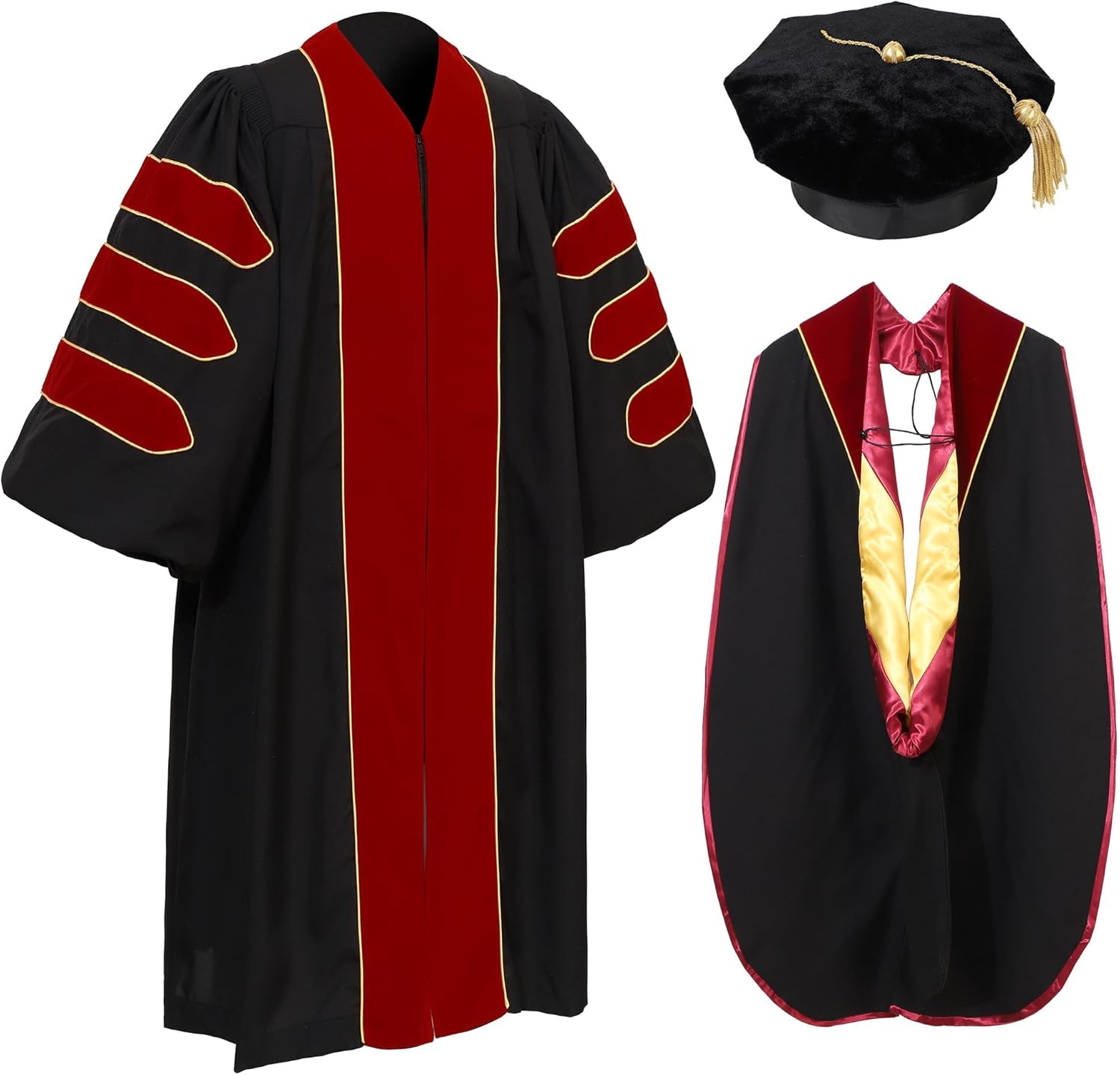 Unisex Deluxe Doctoral Graduation Gown, Graduation Hood And 8 Sided Doctoral Tam Package