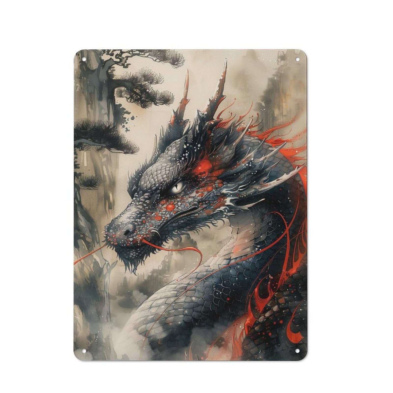 Tin Sign 40x30cm with Vintage Inked Dragon for Pub Or Café, Rustic Decor, Wall Decoration for A Recently Updated Pub And Café
