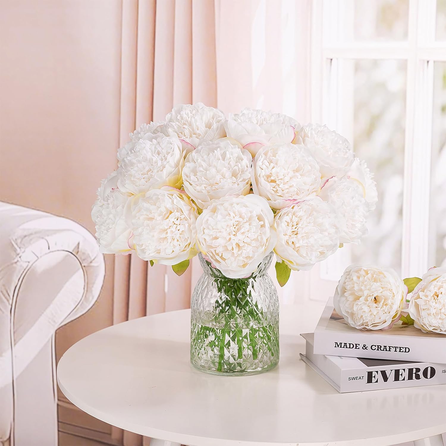 U'Artlines 20 Heads Artificial Peony Silk Flower Leaf Home Office Wedding Party Festival Bar Decor (Cream White)