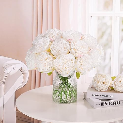 Miniatura 4 de U'Artlines 20 cabezas artificiales de peonía de seda con hojas de flores para el hogar, oficina, boda, fiesta, festival, bar, decoración (blanco