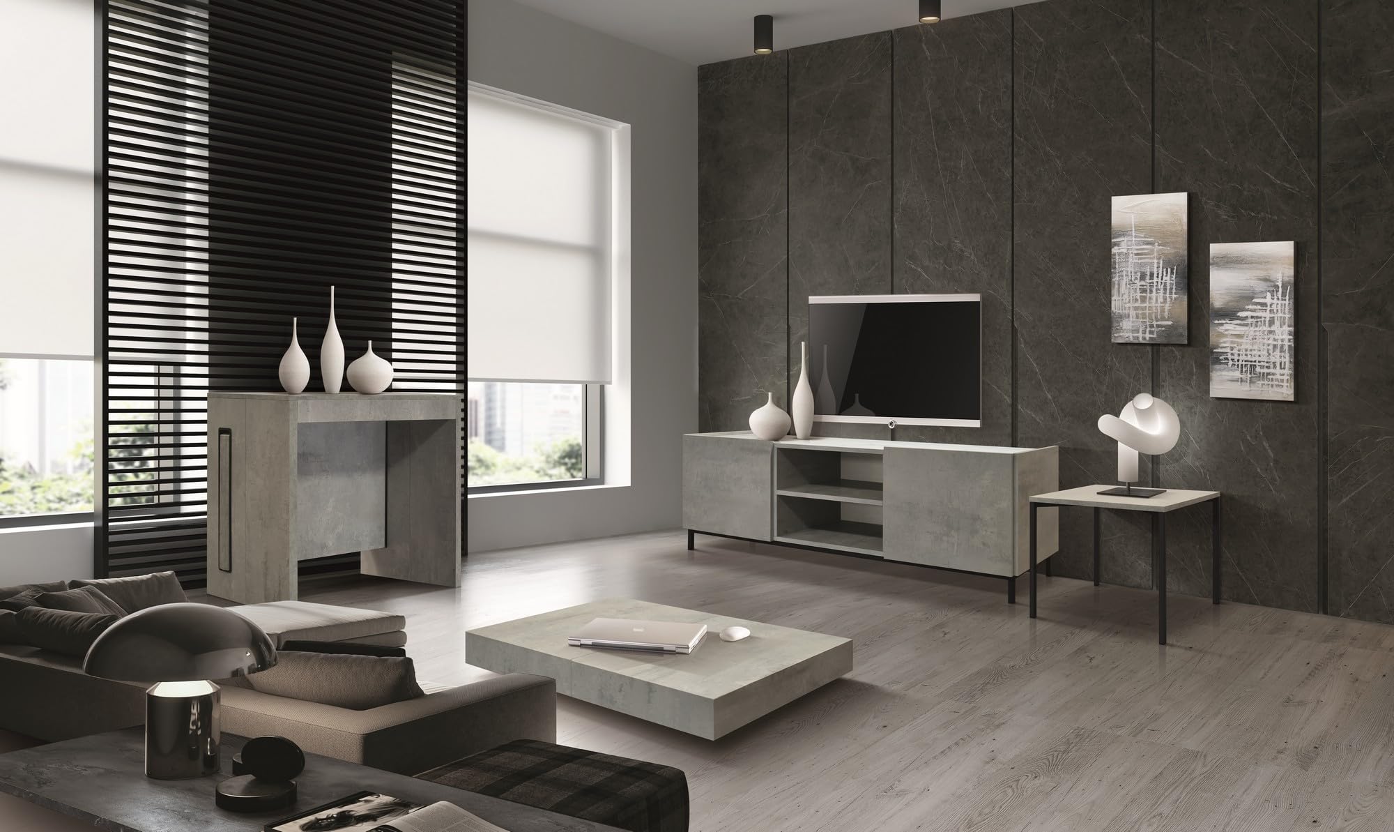 KONTE.DESIGN Tavolino CAMOGLI in legno, vari colori trasformabile in tavolo da pranzo 120x80 cm - 220x80 cm altezza da 30 a 77 cm (Grigio Cemento E Base Nera)