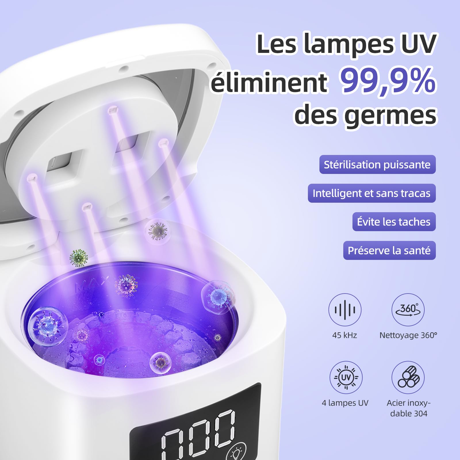 Nettoyeur à Ultrasons 45kHz 200ml avec 4 Lampes UV Pod Dentaire