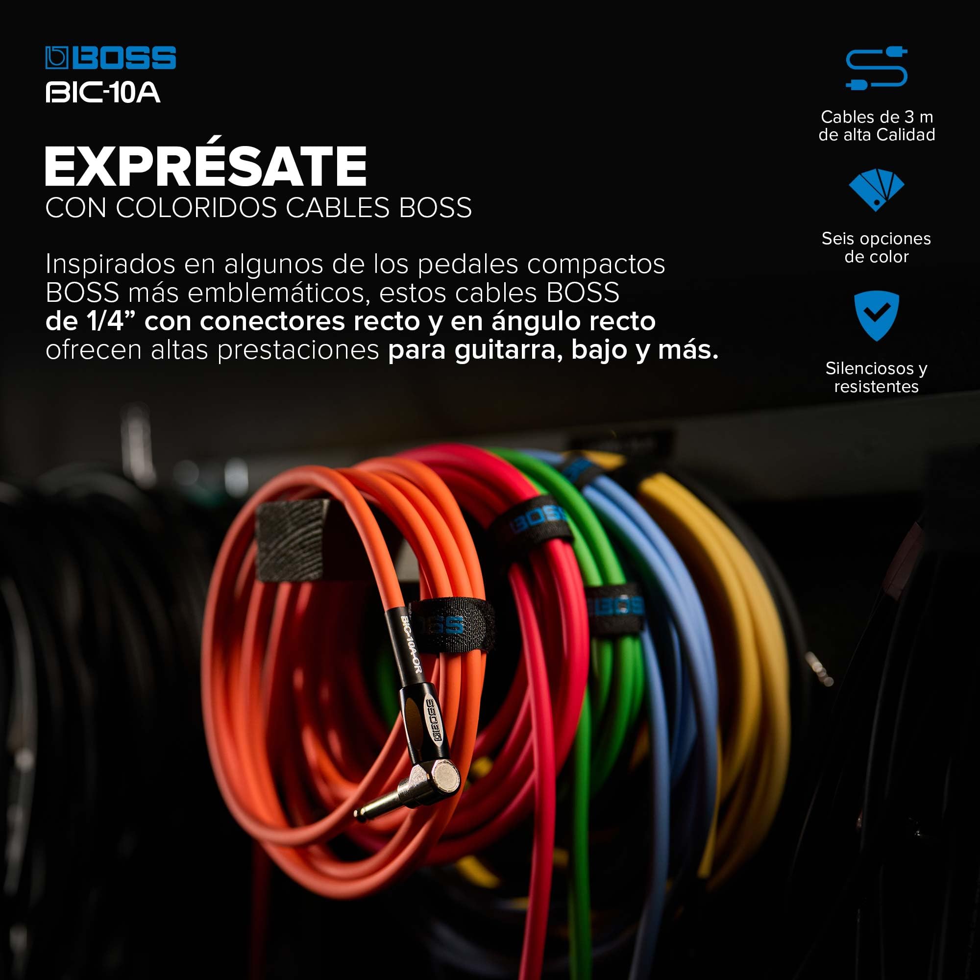 BOSS Serie BIC-10A | Cable de instrumento | Conectores de recto a ángulo recto de ¼ de pulgada | 3 m de longitud | Cables para guitarra, bajo y más | Silencioso y resistente | Negro