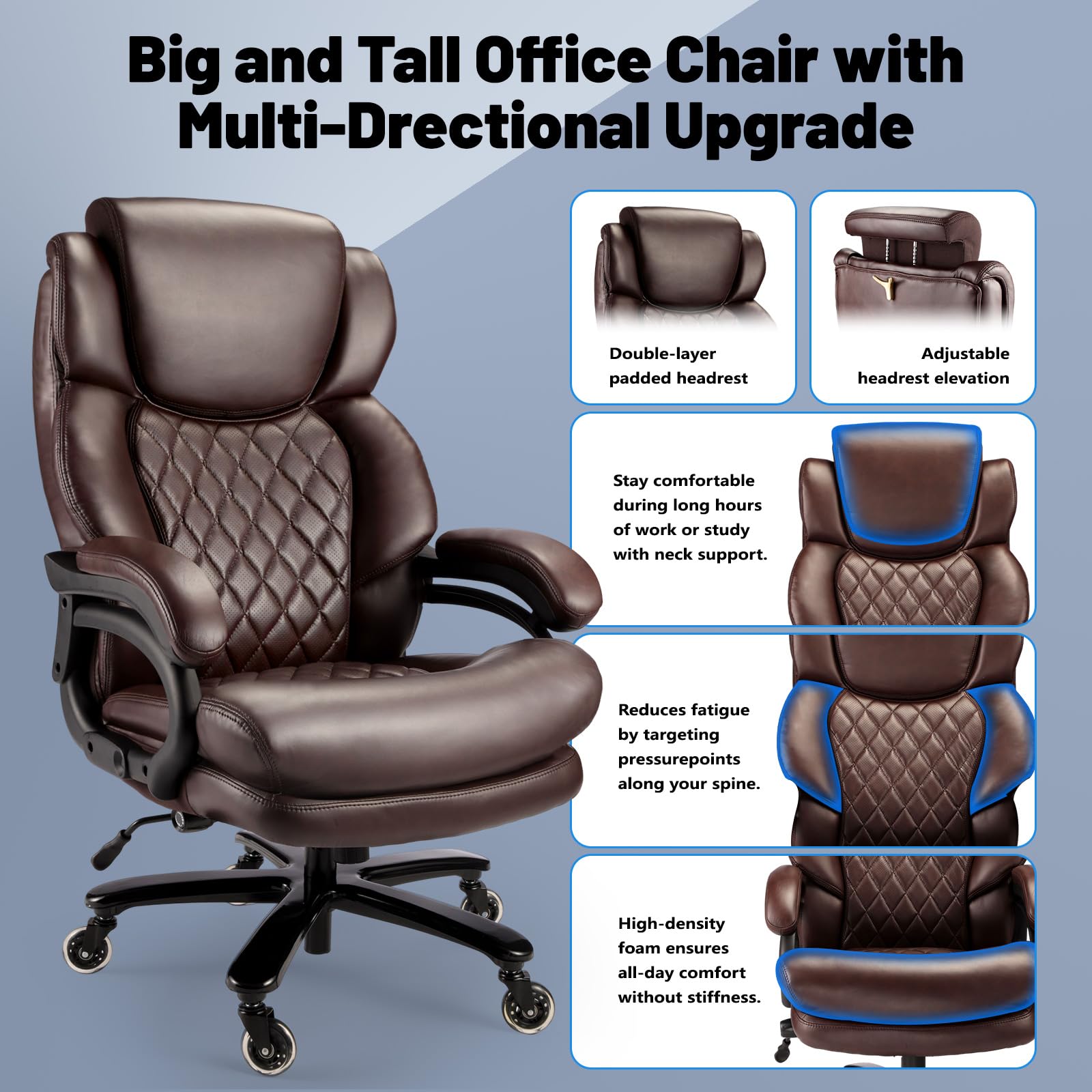 800lbs Big and Tall Office Chair, Executive Chair with Adjustable Headrest, High Back Extra Wide Seat, Heavy Duty PU Leather for Home Office, Comfortable Large Computer Desk Chair