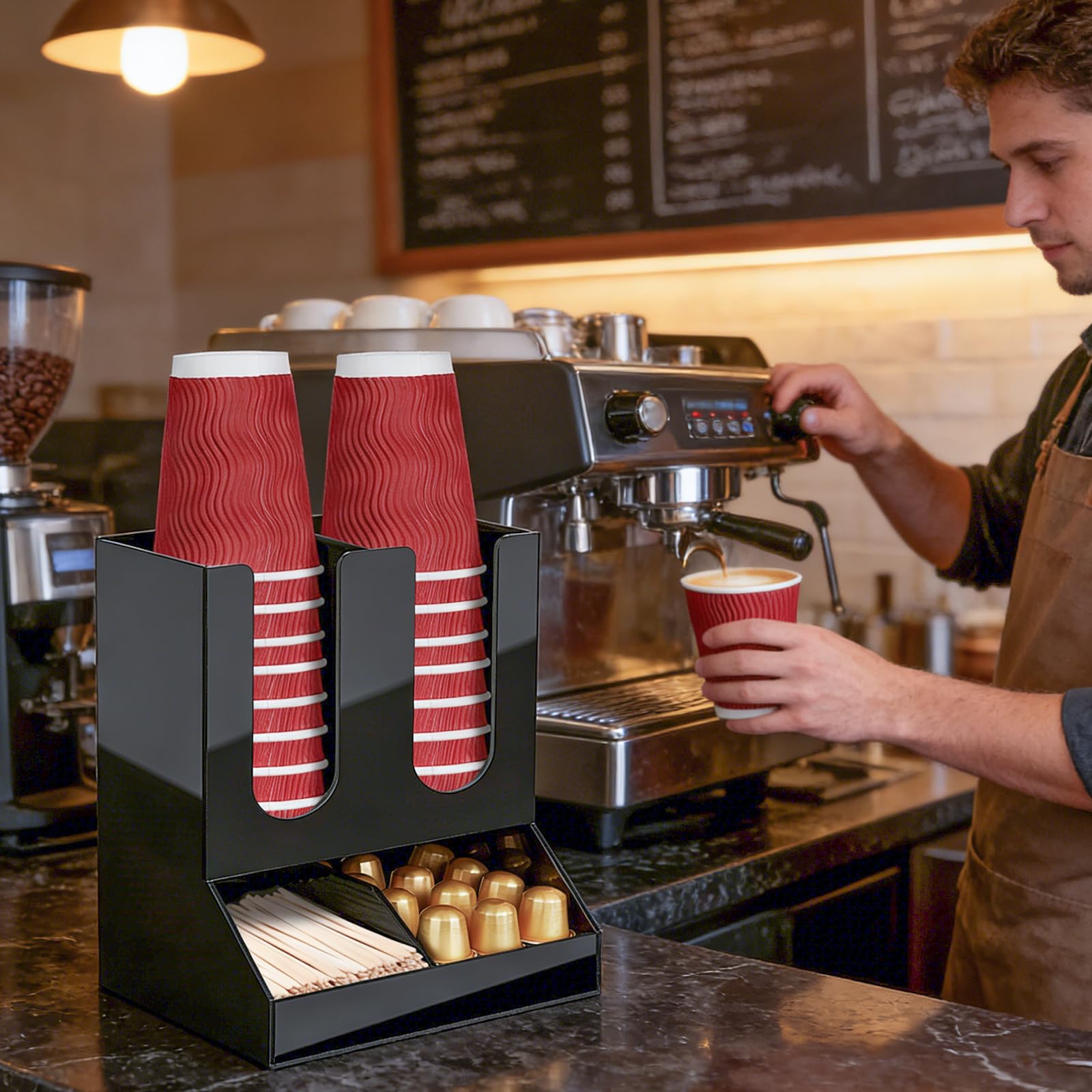 MYITYARD Porta tazze da caffè per piano di lavoro, dispenser per tazze e coperchio, con 4 scomparti, organizer per stazioni di caffè, accessori per bar, per casa, cucina, ufficio e sala pausa