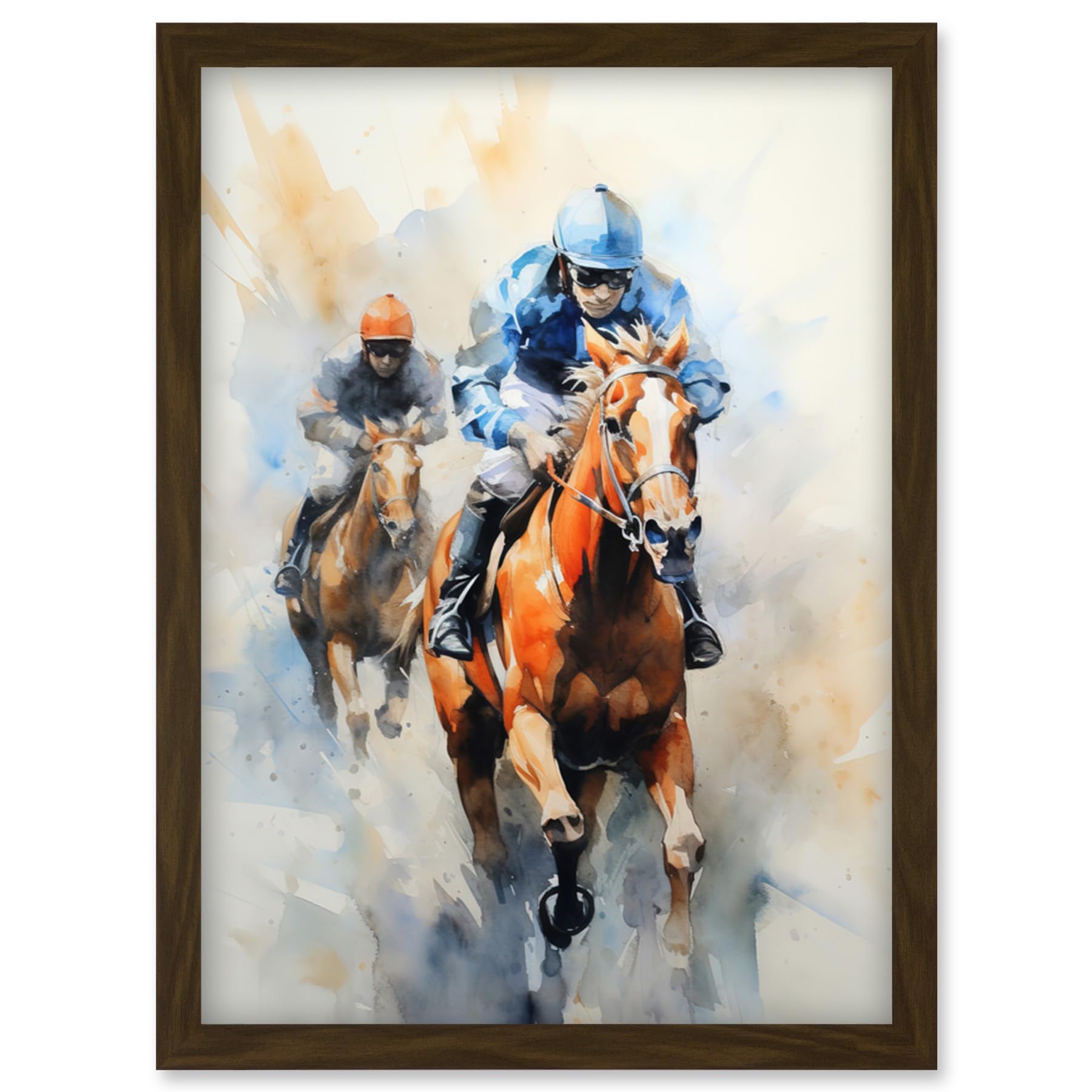 Watercolour Horseracing Print - Jockeys Racing Horses - Kentucky Derby Grand National Cheltenham Gold Cup Art - Blue Orange Race Sport