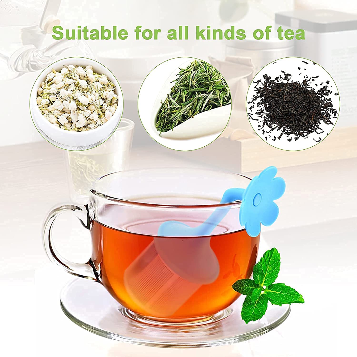 4 piezas Infusor De Té De Silicona Reutilizar Acero Inoxidable Bandeja De Goteo Colador Para Cocina Medicina Herbaria Especias Filtro con mango de silicona de acero inoxidable(flor D)