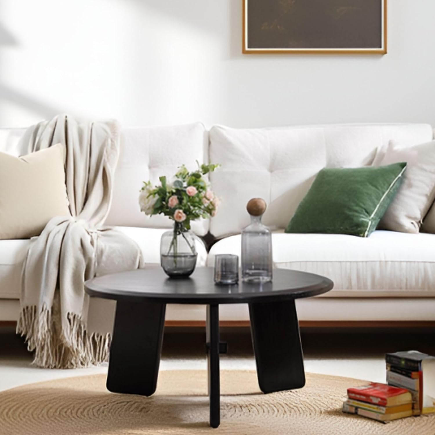 32" Round Coffee Table, Large Solid Wood French Country Accent Table, Farmhouse Side Table for Family/Office/Living Room/Sofa Couch End/Bedroom, Black