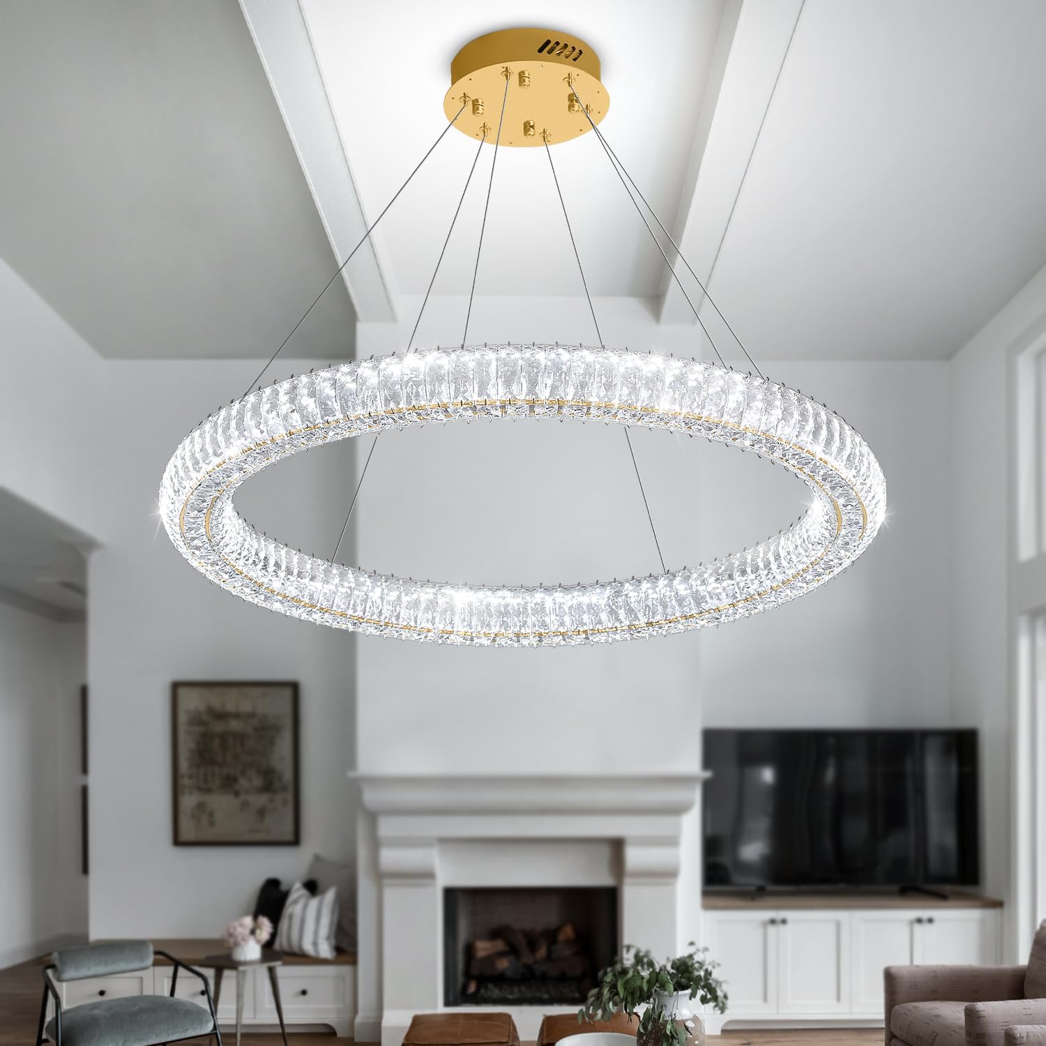 Modern Gold Ring Chandelier Dimmable LED 31.5" Round Crystal Pendant Light Ceiling Fixtures for Dining Room Living Room