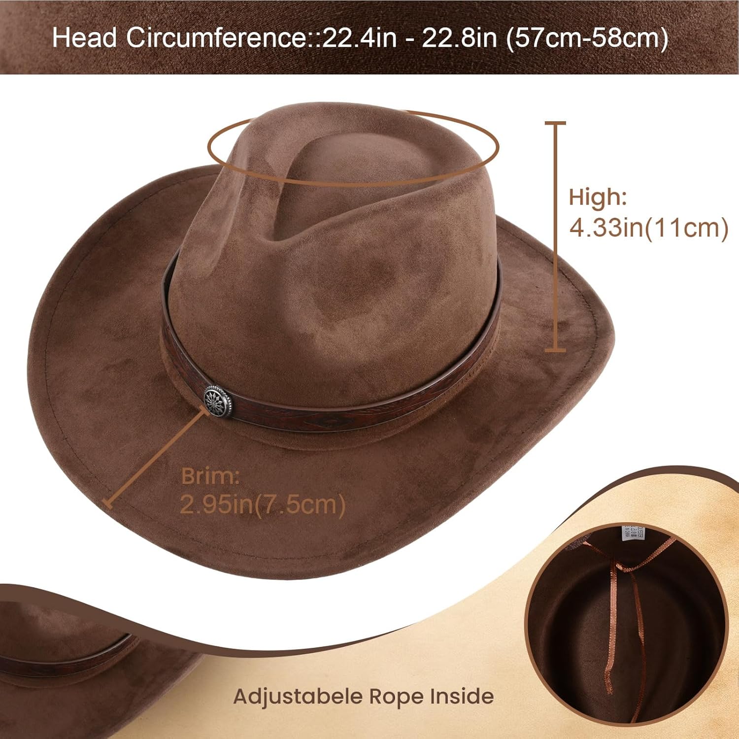 Cowboy Hat, Wide Brim Brown Adult Felt Hat, Classic Stylish Design Adjustable Breathable Comfortable (Brown) - Image 2