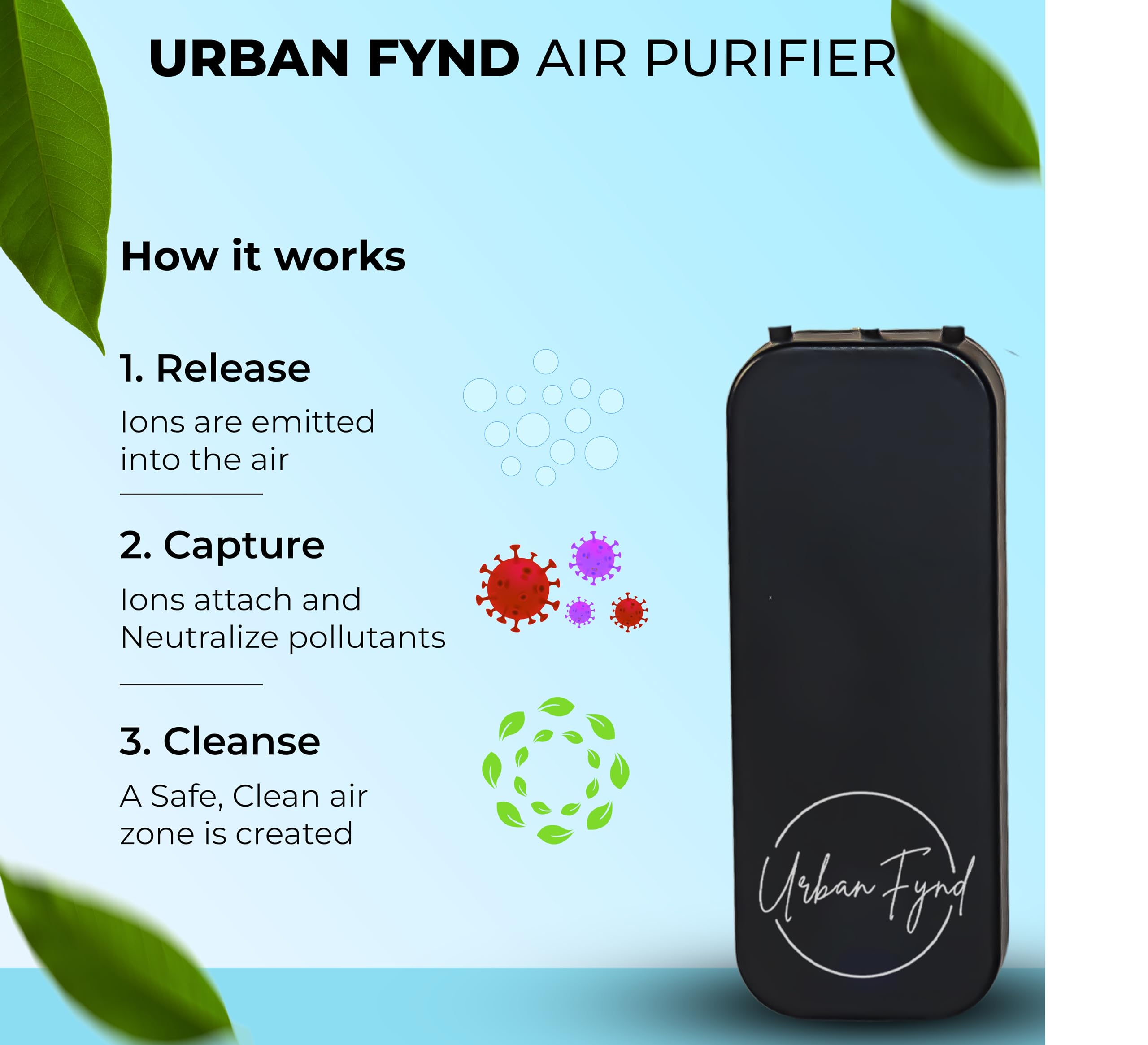 URBAN FYND Wearable & Portable Air Purifier | Filterless Personal Air Cleaner w/Neck Strap | Rechargeable Silent Use | Removes Dust, Smoke & Odours | Ideal for Travel, Office, Allergies (Black) 2