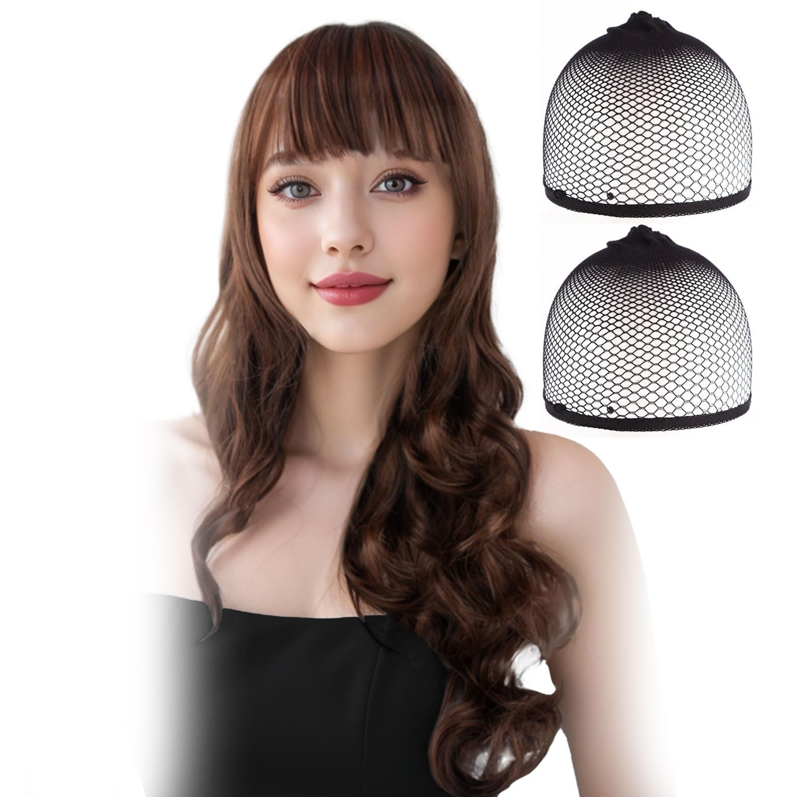 SSKHE 27.5 Inch/70 cm Long Curly Brown Wig for Women Bangs Ladies Wigs, Synthetic Wig for Cospaly Party, and Daily
