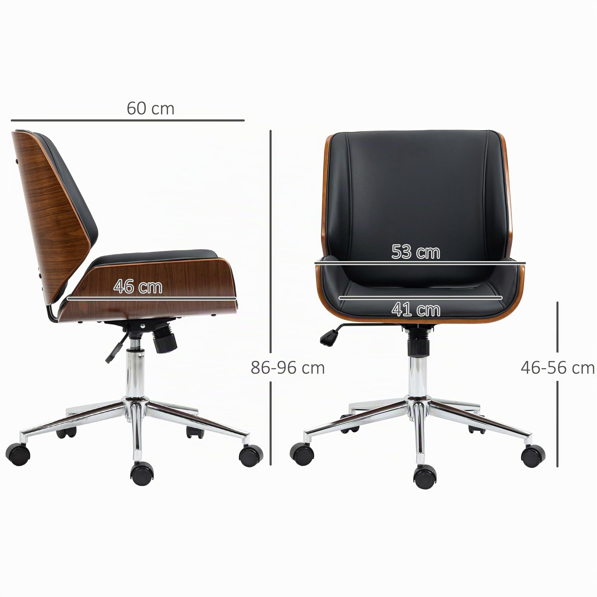 Vinsetto Bürostuhl Ergonomischer Drehstuhl mit Wippfunktion Schwarz | Höhenverstellbar, Kunstleder, Gepolstert, Computerstuhl, Schreibtischstuhl