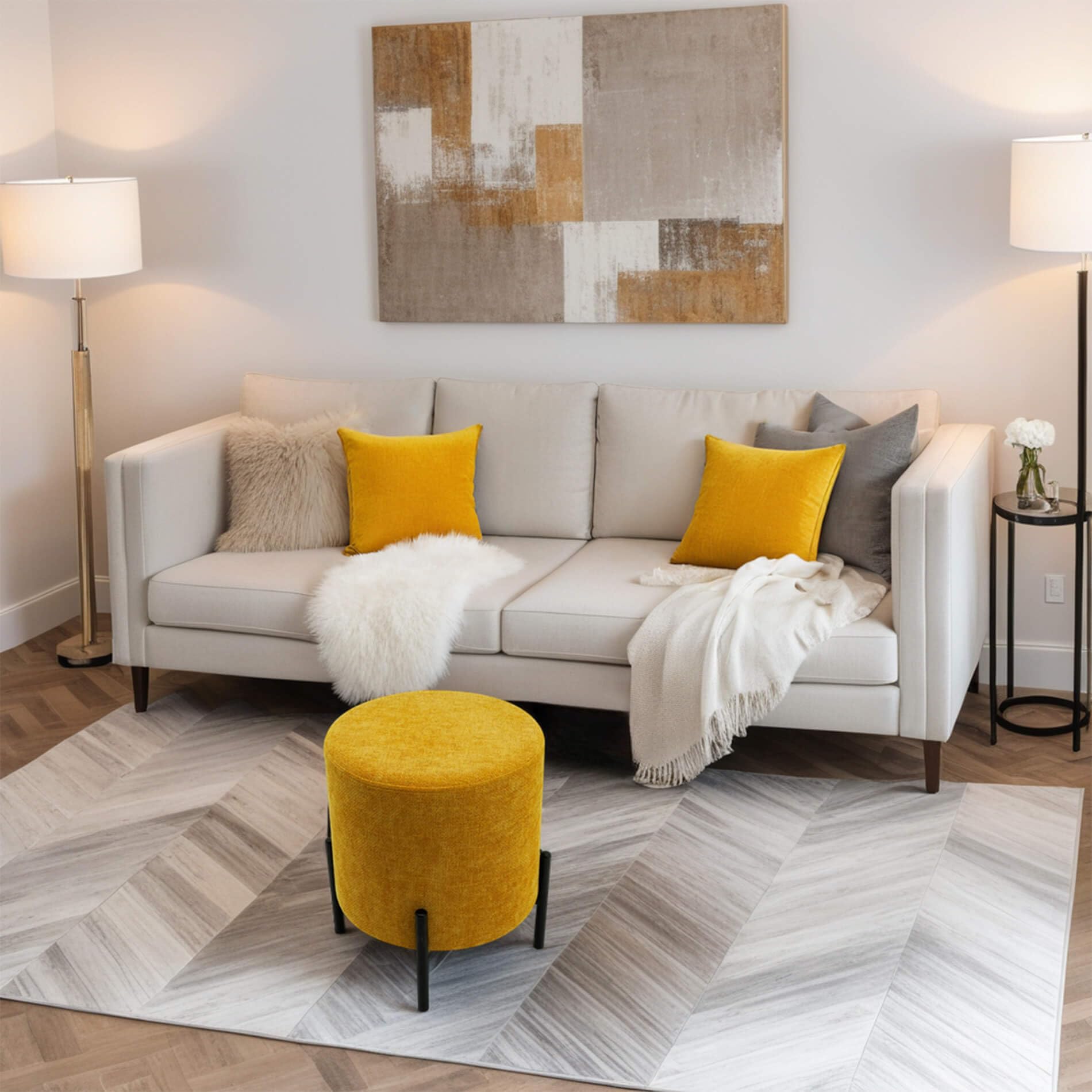 Rebecca Mobili Pouf Sgabello, Ottomano Poggiapiedi, Giallo Senape, Tessuto Poliestere Acciaio, Rotondo, per Salotto - Misure HxLxP: 43,5 x 38 x 38 cm - Art. RE7058