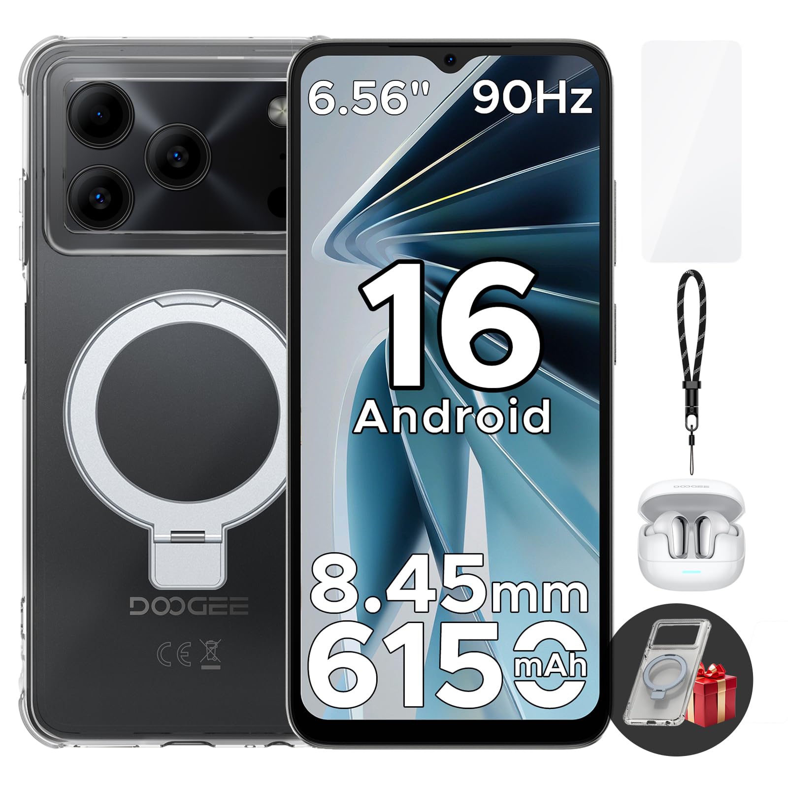 【Android16 スマホ Bluetoothイヤホン付き】 DOOGEESmart NOTE56 SIMフリー スマートフォン 24GB RAM+64GB ROM 2TB拡張 6.56インチ スマホ本体 90Hz HD+大画面 6150mAh 大容量バッテリー 8MP AIカメラ 顔認証 GPS FMラジオ OTG 4G LTE デュアルSIM 携帯電話 スマホケース付き
