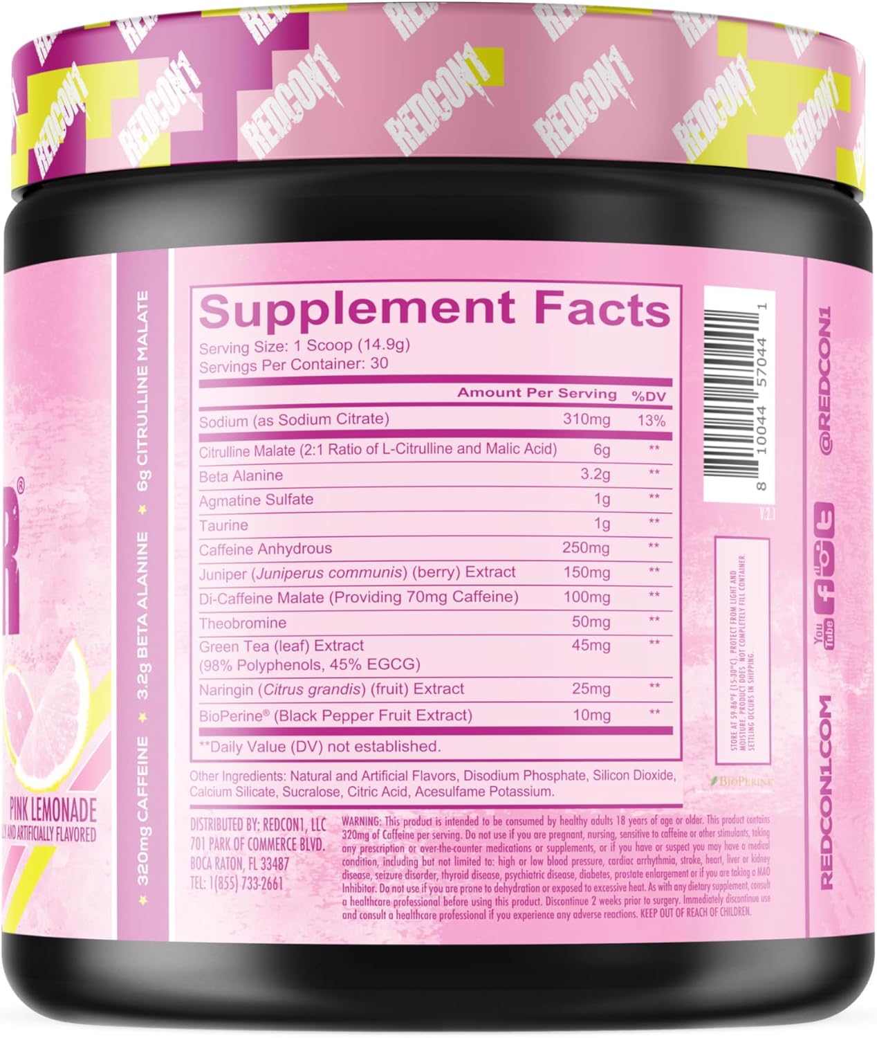 REDCON1 Total War Pre Workout - Beta Alanine + Citrulline Malate Keto Friendly Preworkout for Men & Women with 320mg of Caffeine - Fast Acting - Pink Lemonade (30 Servings)