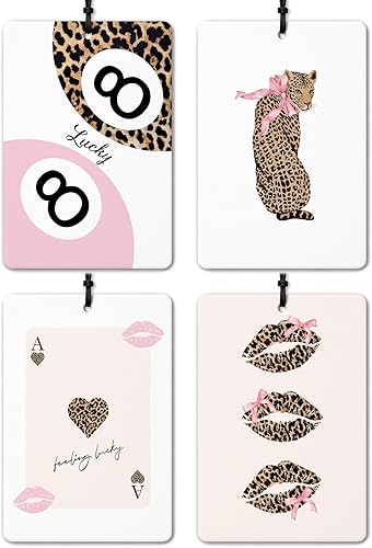 Preppy - Ambientador de coche de leopardo rosa, 4 piezas, moderno retro Lucky 8 Ball Cheetah Ace Card Labios Ambientador colgante para autos,