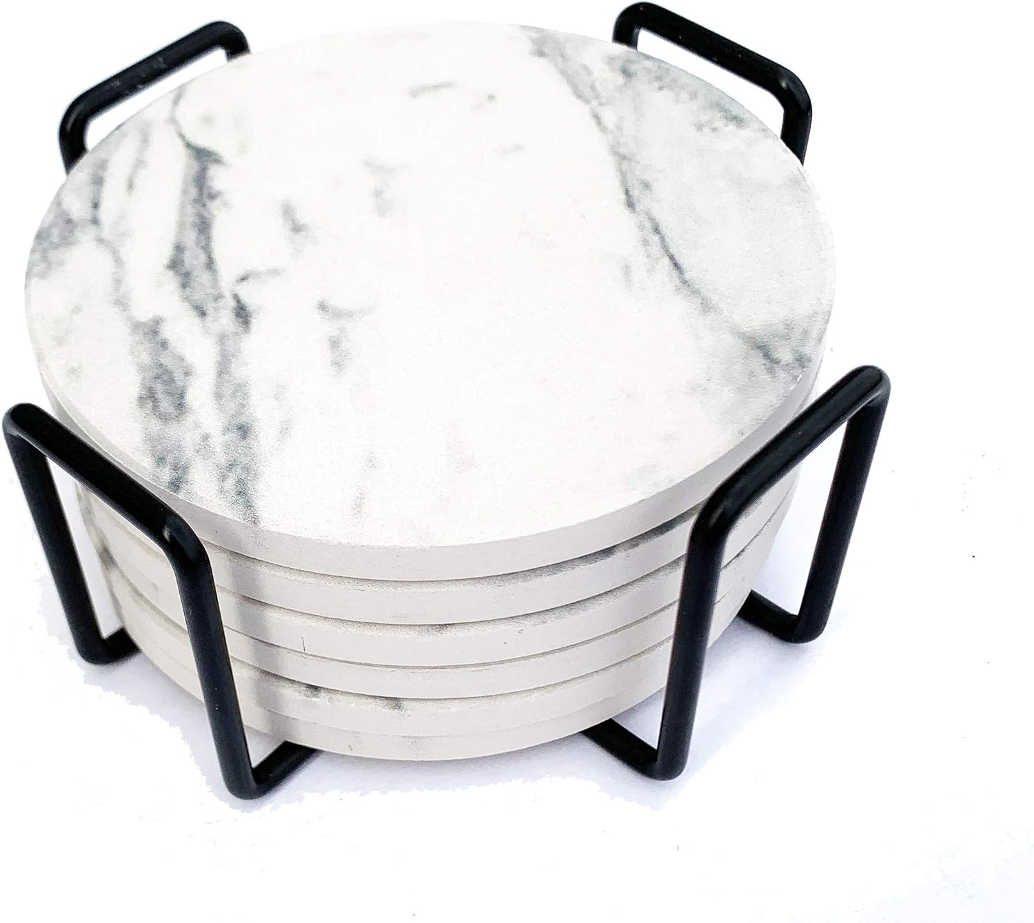 Coasters for Drinks, 6 Ceramic Marble Print Stone Coasters with Premium Black Holder (Off White)