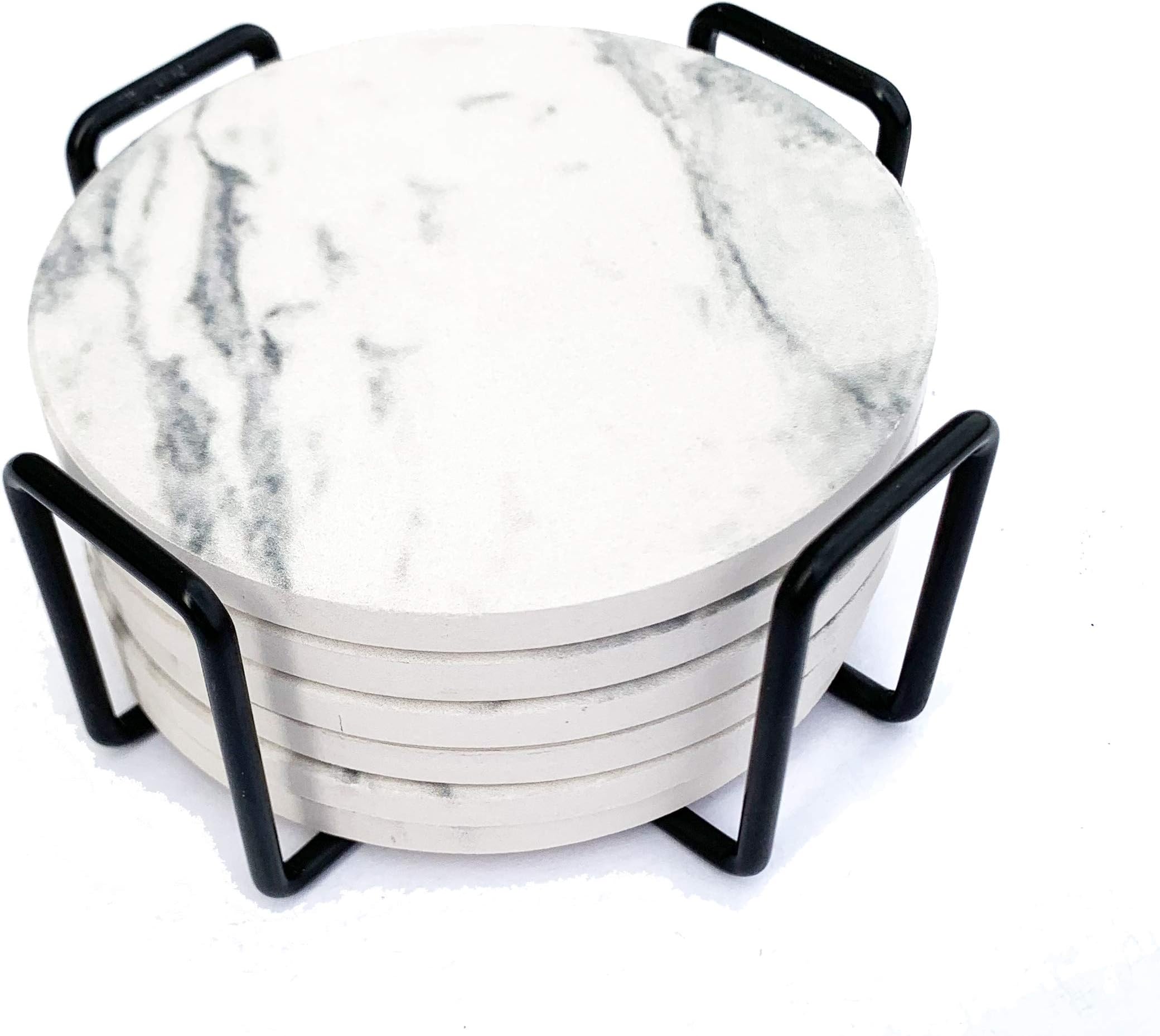 Coasters for Drinks, 6 Ceramic Marble Print Stone Coasters with Premium Black Holder (Off White)