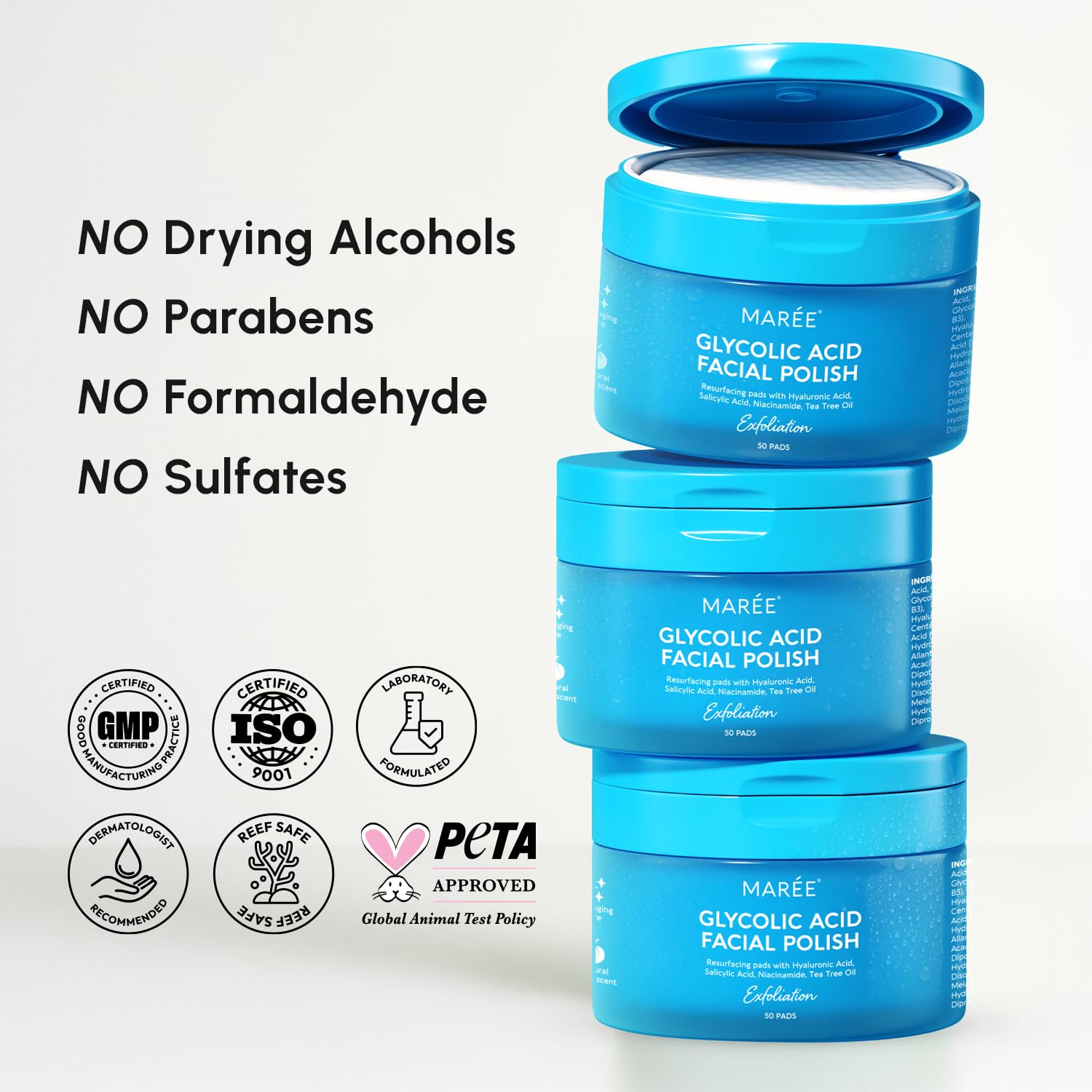 Pulidor facial – Almohadillas de ácido glicólico para la cara con aceite de árbol de té – Exfoliante y limpiador con ácido salicílico y vitaminas E, B3, B5 – Almohadillas faciales con efecto de
