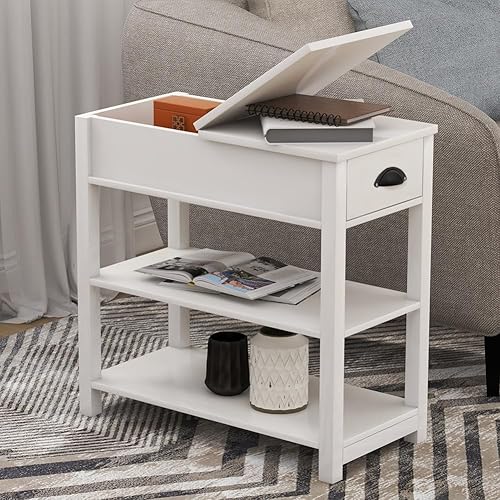 Farmhouse Nightstand with Flip-Tabletop for Bedroom, Rustic Narrow End Side Table with Storage Drawer for Living Room, Wooden Bedside Table
