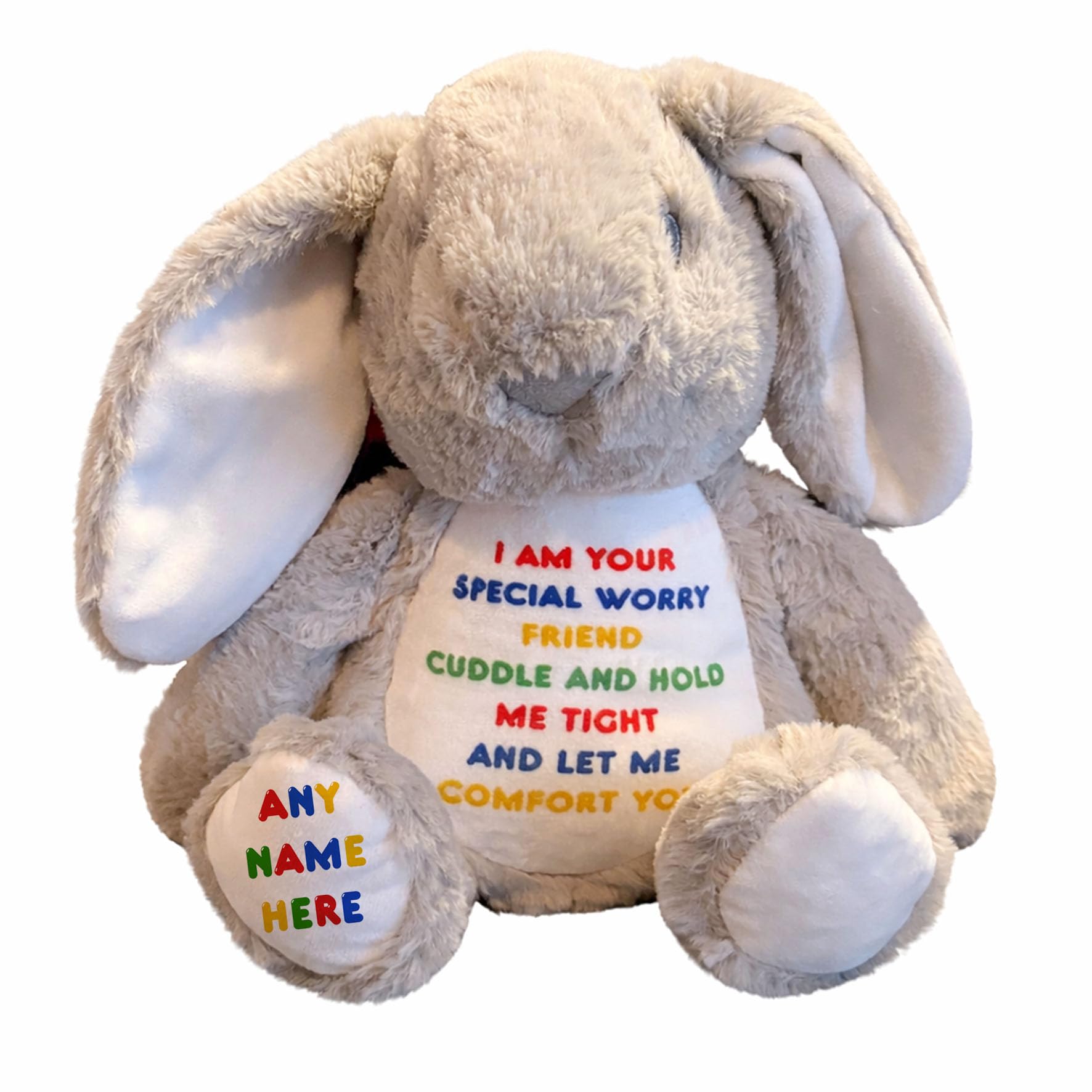 Silly Dog Designs - Personalised Worry Friend Bunny Plush Toy - Custom Name Soft Comfort Bunny-Anxiety & Emotional Support Teddy for Children-Cute Comfort Bunny Keepsake Gift Grey Personalised (Worry)