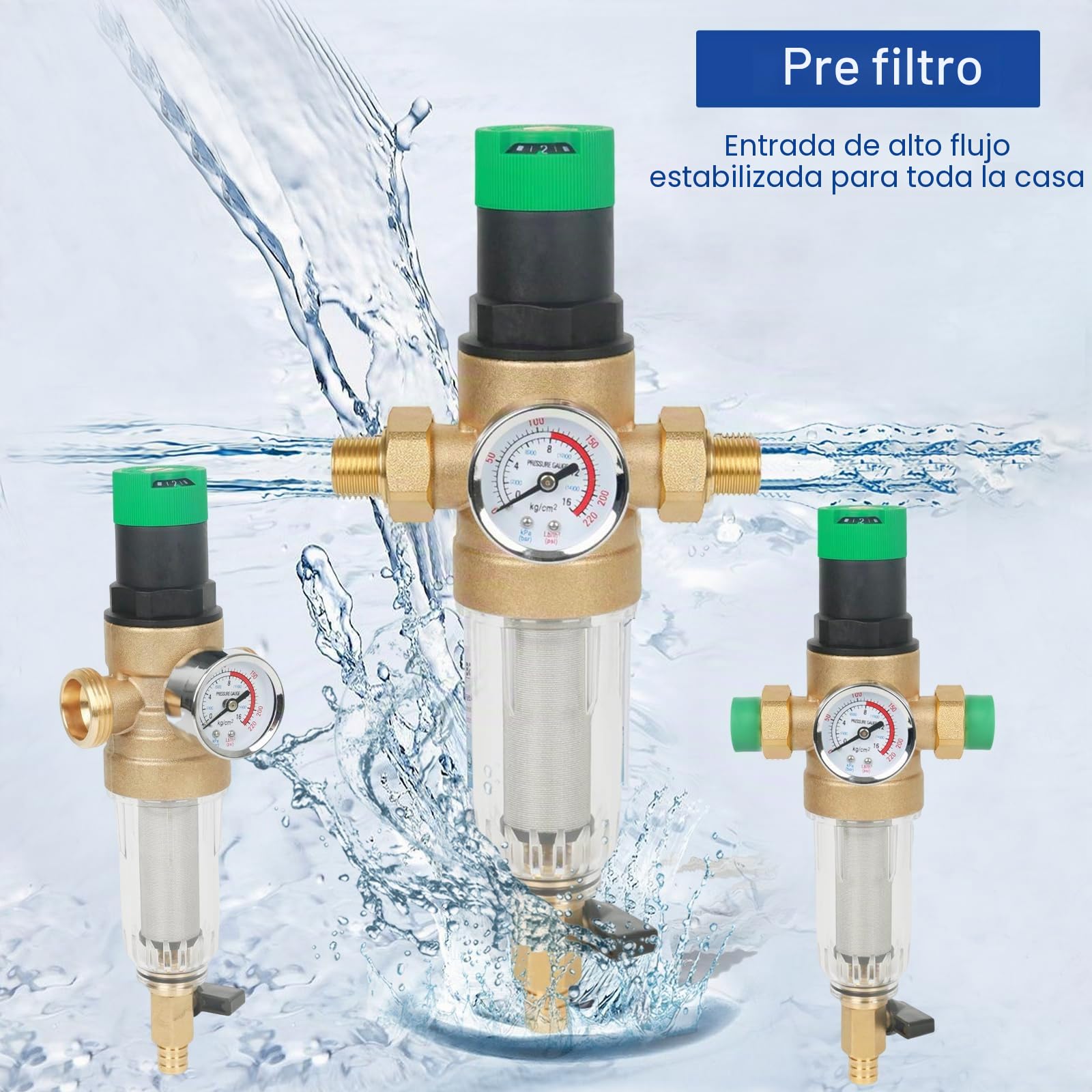 Filtro de retrolavado y reducción de presión con manómetro, reductor de agua, prefiltro de sedimentos, filtro enjuagable fino para sedimentos spin down (1''