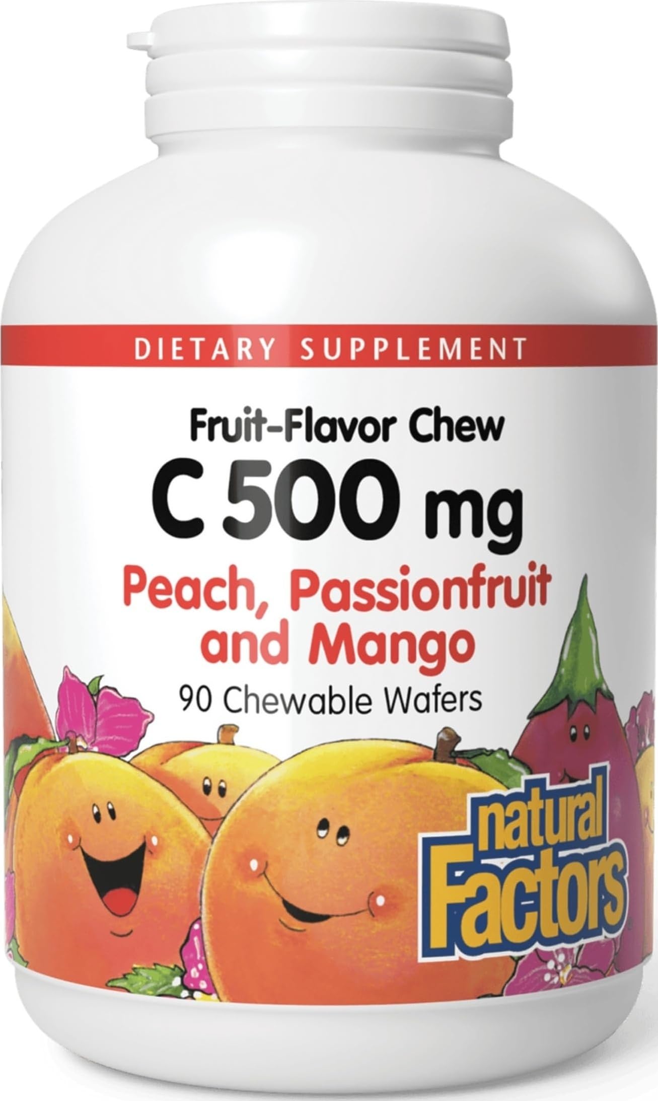 Natural Factors, Kids Chewable Vitamin C 500 mg, Supports Immune Health, Bones, Teeth and Gums, Peach, Passionfruit and Mango, 90 Wafers Peach, Passionfruit and Mango 90 Count (Pack of 1)