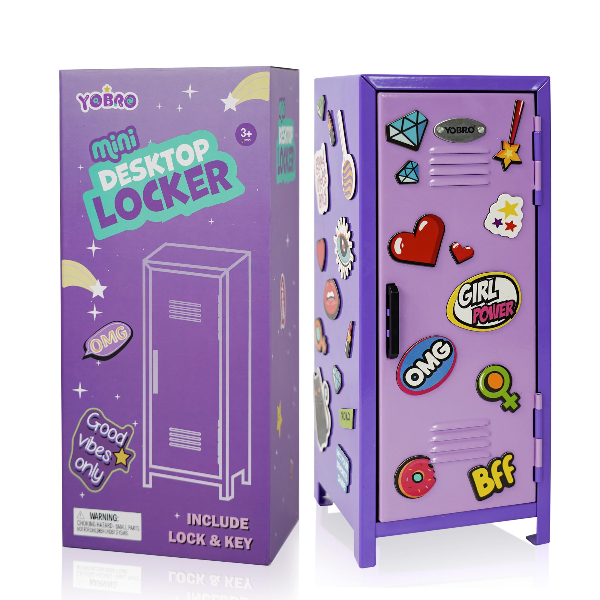 YOBRO Mini casillero con Cerradura y 2 Llaves, 24 calcomanías magnéticas con temática de energía para niñas, Mini taquillas para niños, casillero de Almacenamiento en Miniatura para Escritorio, hogar