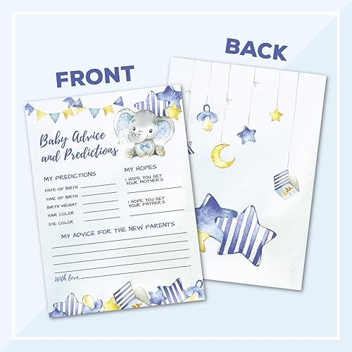 Miniatura 4 de 50 tarjetas de consejos y predicción de elefante azul de lujo, grandes de doble cara de 5 x 7 pulgadas para juego de baby shower, nuevo libro de