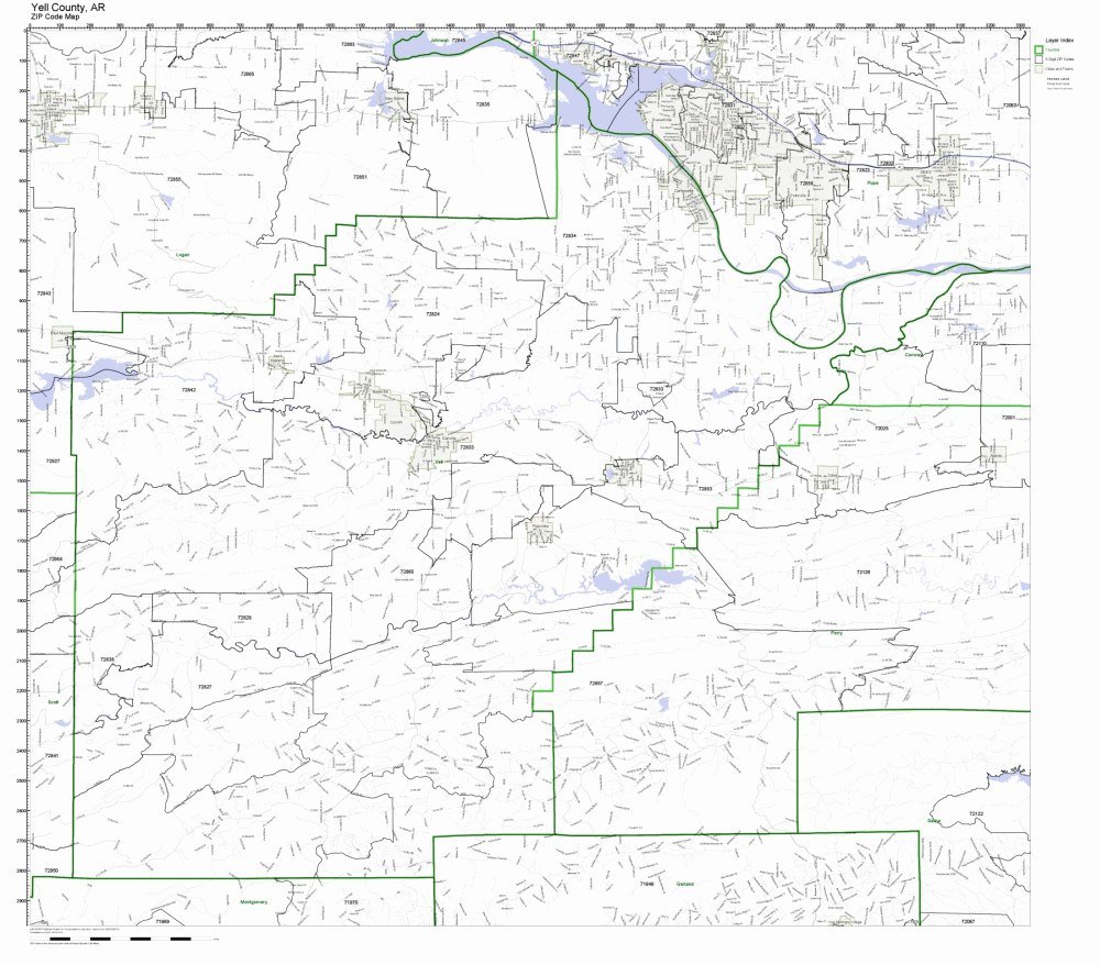 Yell County, Arkansas AR ZIP Code Map Not Laminated Office
