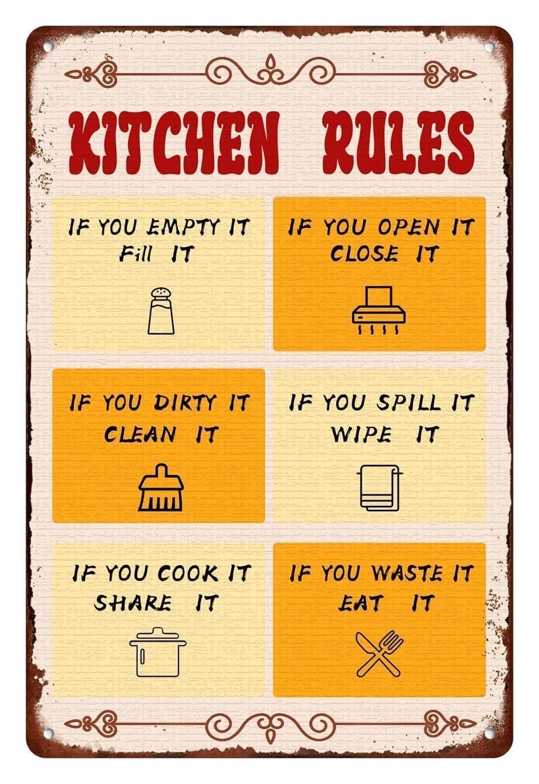 Ofxoaaat One Color Vintage Humorous Kitchen Commandments Tin Sign Funny Rules Retro Decor For Home Bar Cafe Or Dining Room Wall-Art Plaque 8 X 12 Inch