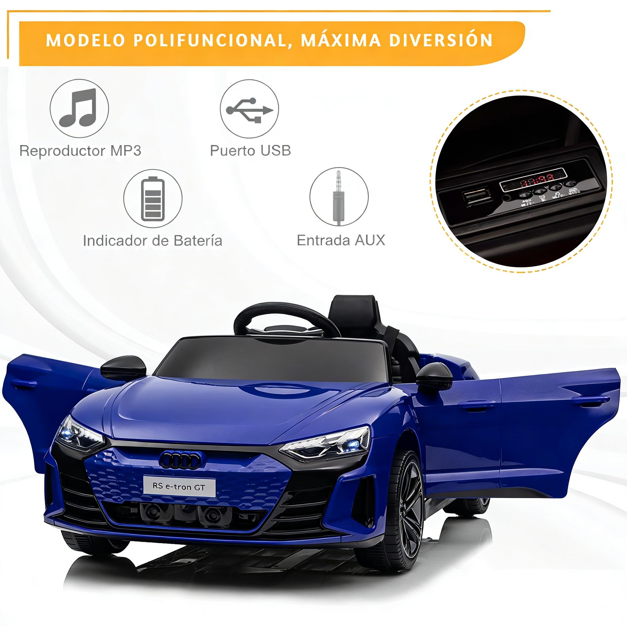 LALAHO Coche Eléctrico para Niños Audi RS E-Tron 12V con Doble Motor, 3-5 km/h Auto Eléctrico para Niños de 3 a 5 Años, MP3, Mando a Distancia (Azul) — view 4